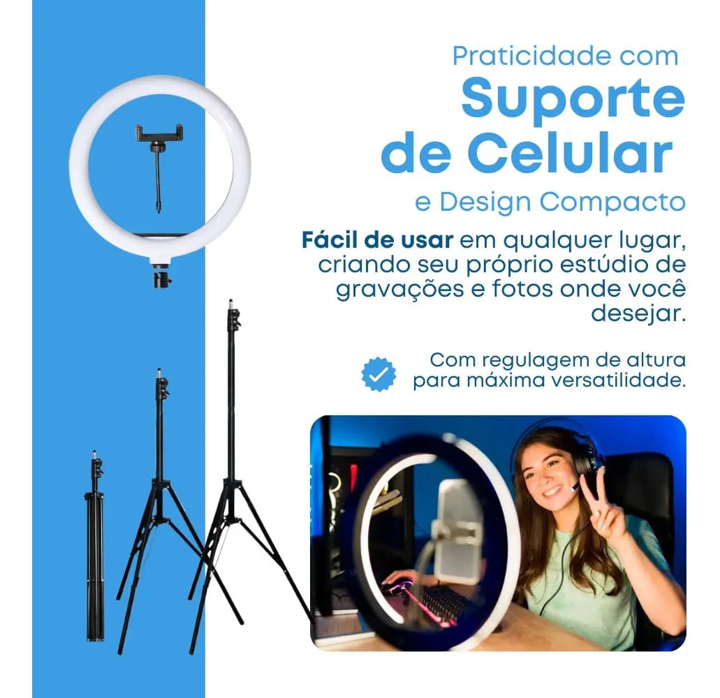 Ring Light 12 Polegadas 30cm Celular Tripé 2,10m Estrutura Preto Luz 03 Três Cores — imagem 2