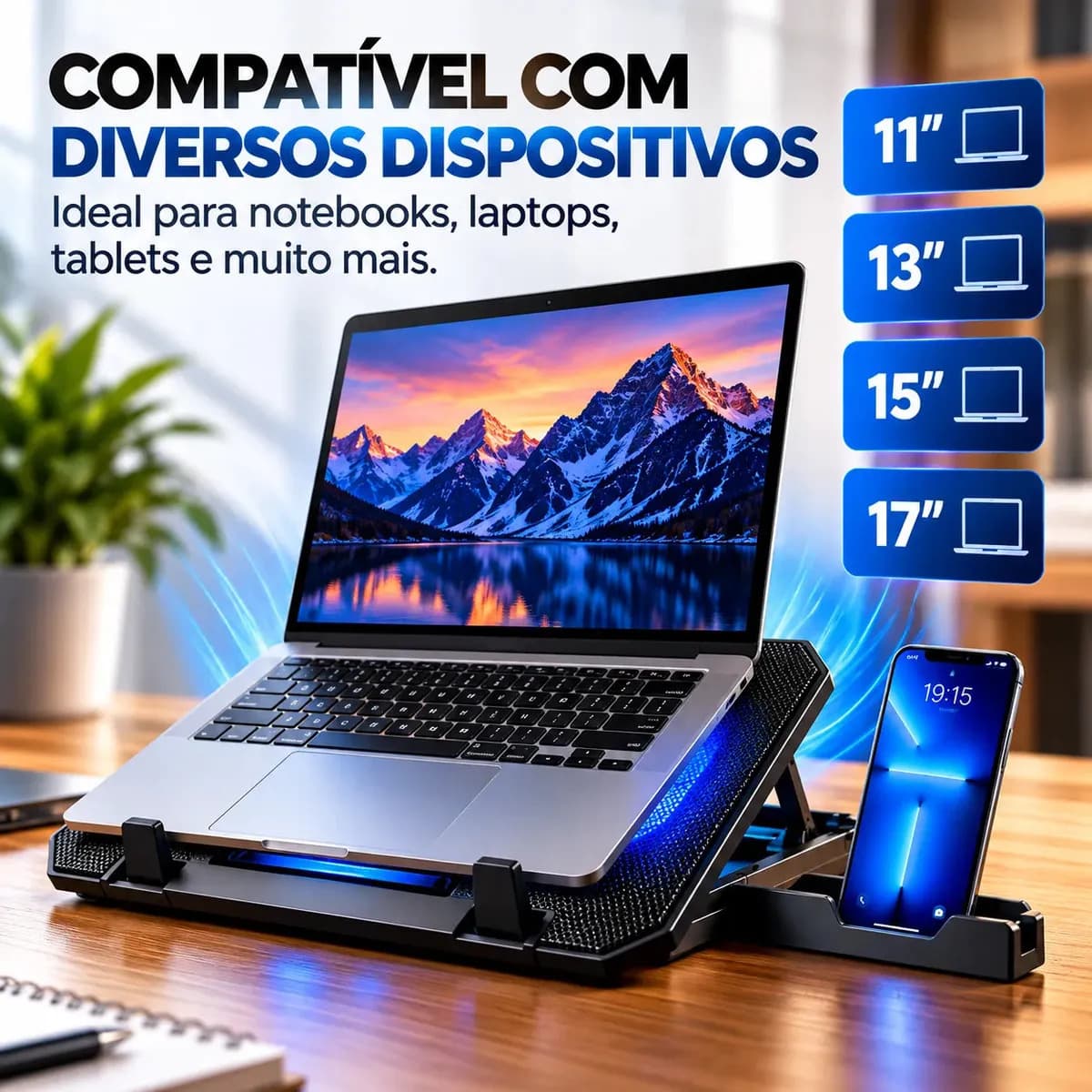 Base Suporte Para Pc Notebook Alumínio Portátil Articulado Dobrável Tablet Laptop Mesa Davely Cor Preto Com Ventoinhas E Suporte Para Celular Refrigerada 2 Cool — imagem 2