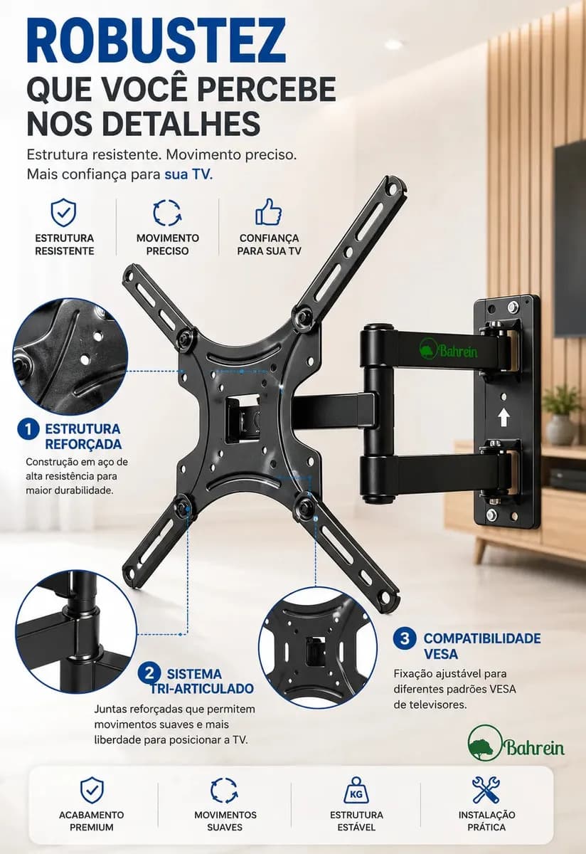 Suporte Para TV Articulado Parede 14 A 55 Polegadas Tri Braço Universal Reforçado inclinável VESA 400x400 LED LCD OLED QLED Plasma Inclinação Rotação 180° 35kg  — imagem 5