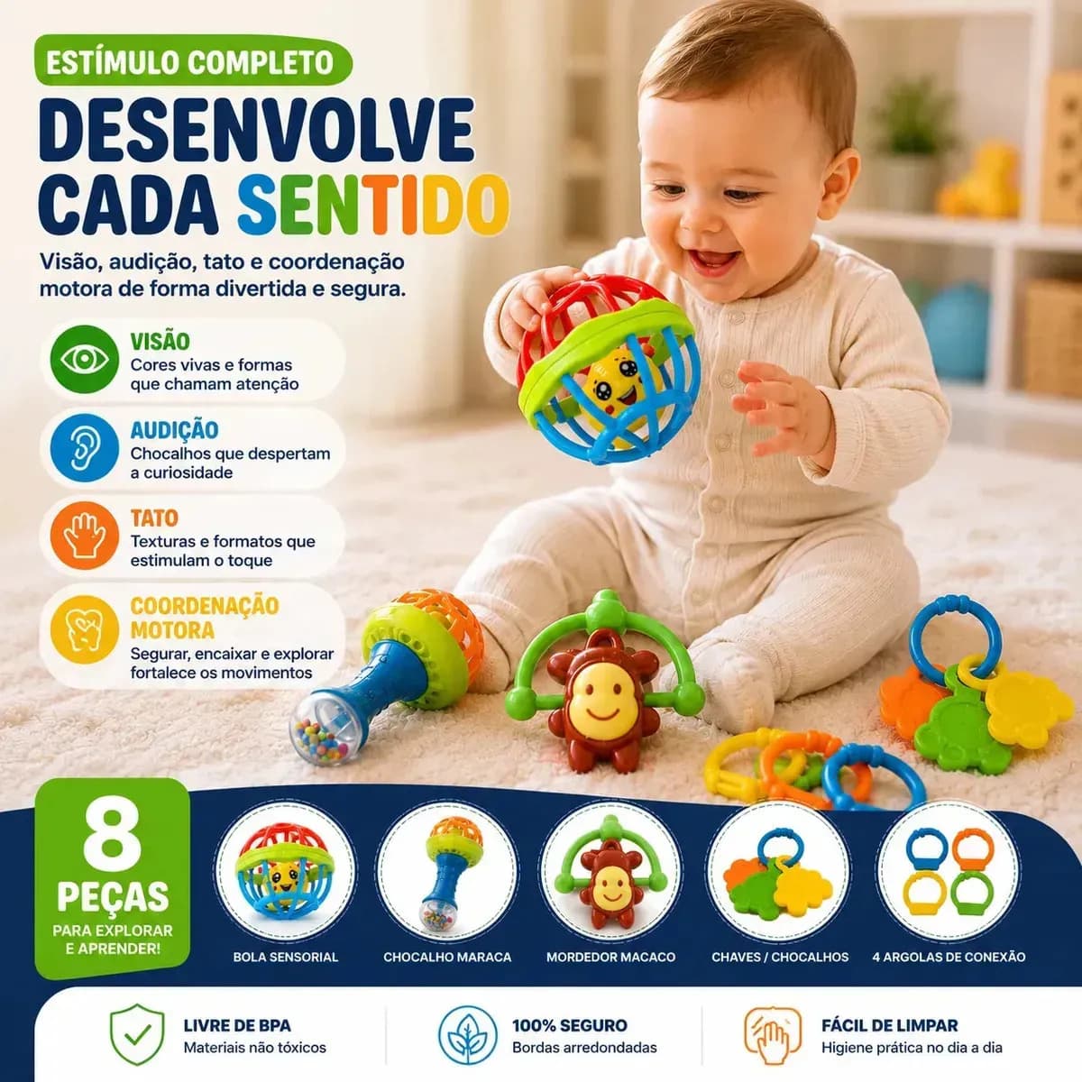 Kit Chocalhos E Mordedores Sensoriais Para Bebê Com 8 Peças Coloridas — imagem 5