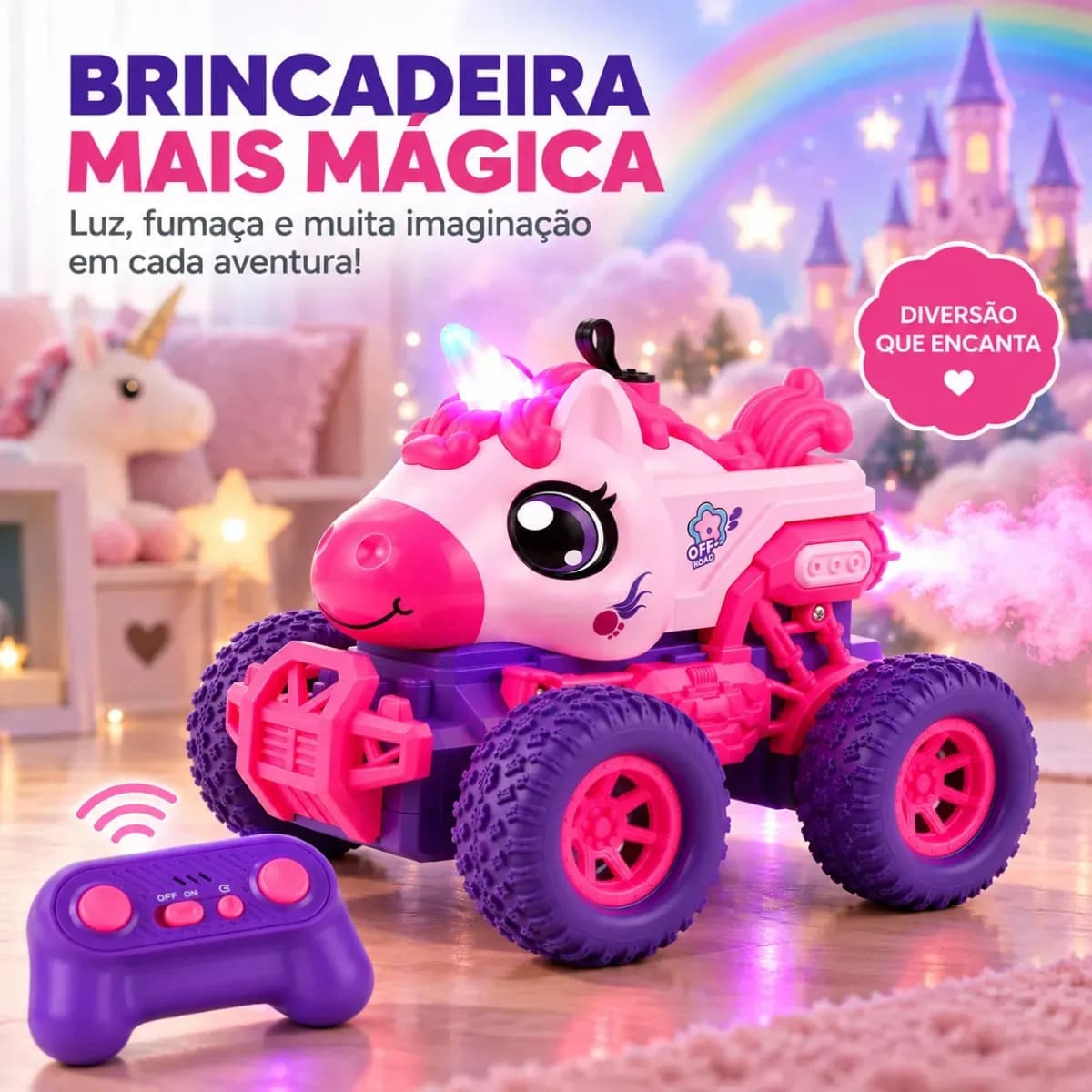 Carrinho De Controle Remoto Unicórnio Recarregável Com Luz LED Fumaça E Controle Sem Fio — imagem 5