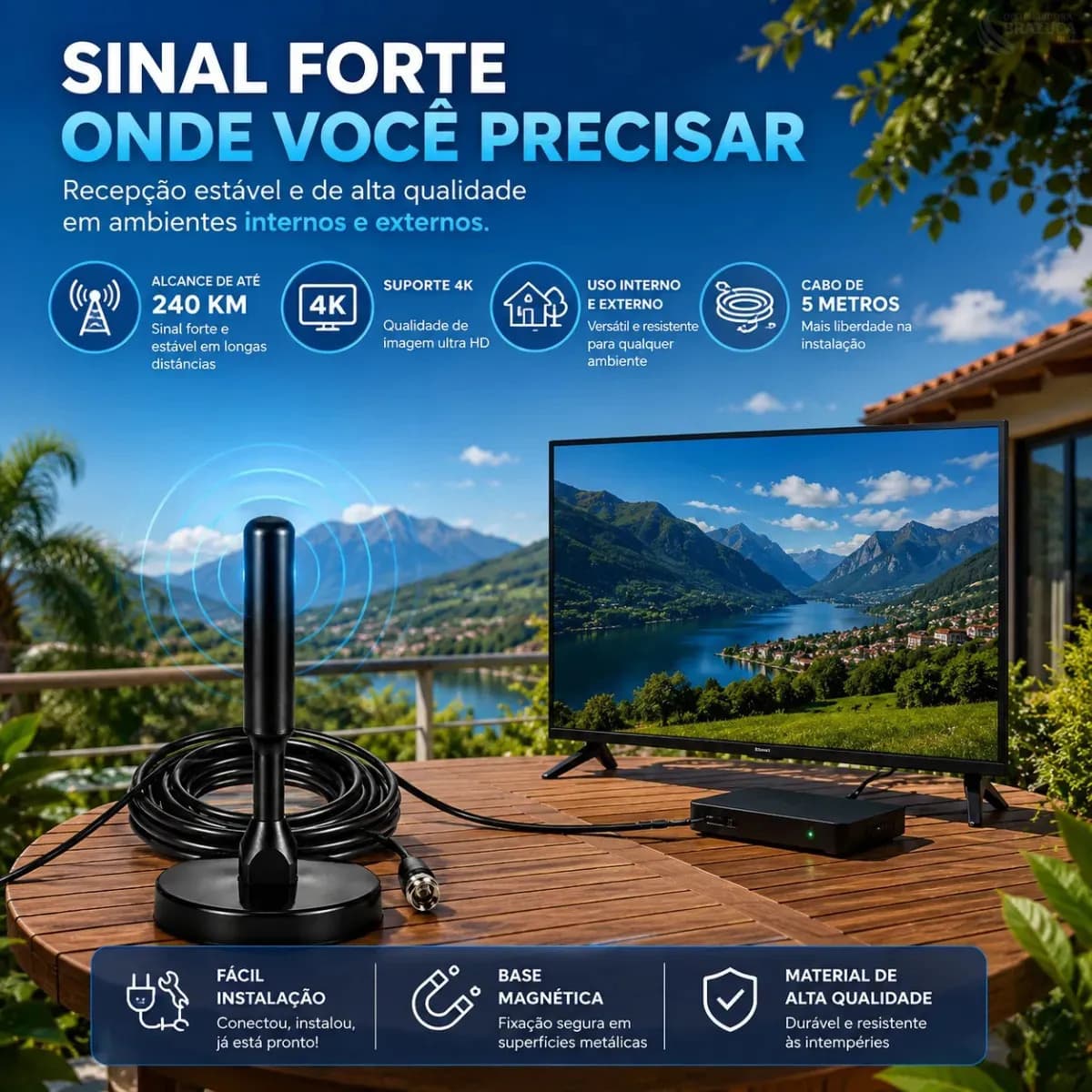 Antena Digital Interna Externa HDTV UHF Com Cabo Longo De 5 Metros Até 240km Com Base Magnetica Distancia Brazuca Cell — imagem 6