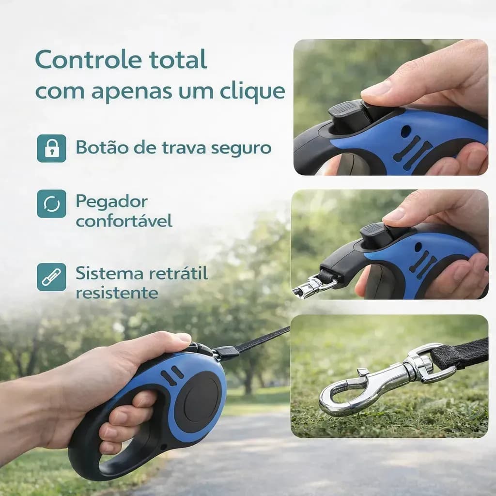 Guia Retrátil para Cães e Gatos de Náilon com Trava de Segurança Reforçada 5 Metros Azul Donna Bolsas — imagem 3