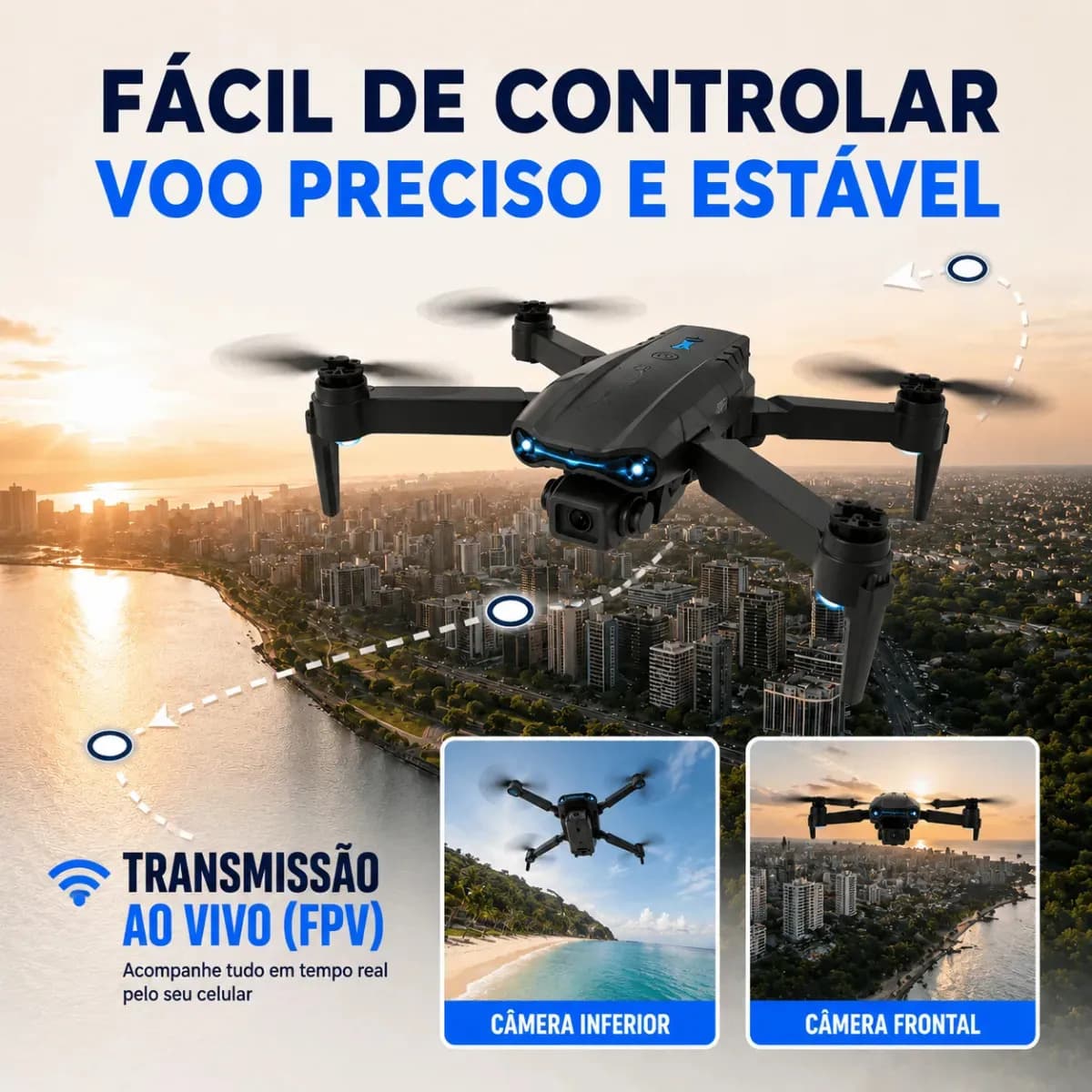 Drone E99 Câmera Dual 4k Sensor Obstaculos Manobras Com Controle Remoto Fpv Estabilidade Estavel 1 Bateria 10 minutos Preto — imagem 3