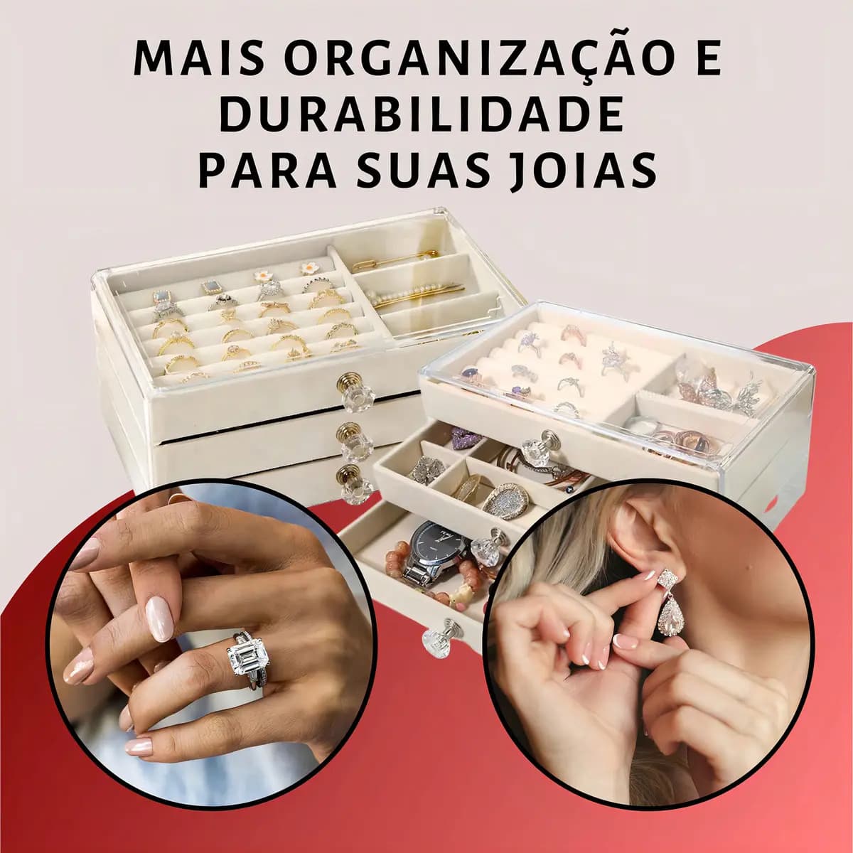 Organizador de Joias Acrílico 3 Gavetas 10 Compartimentos Bege FM FARMEL — imagem 6
