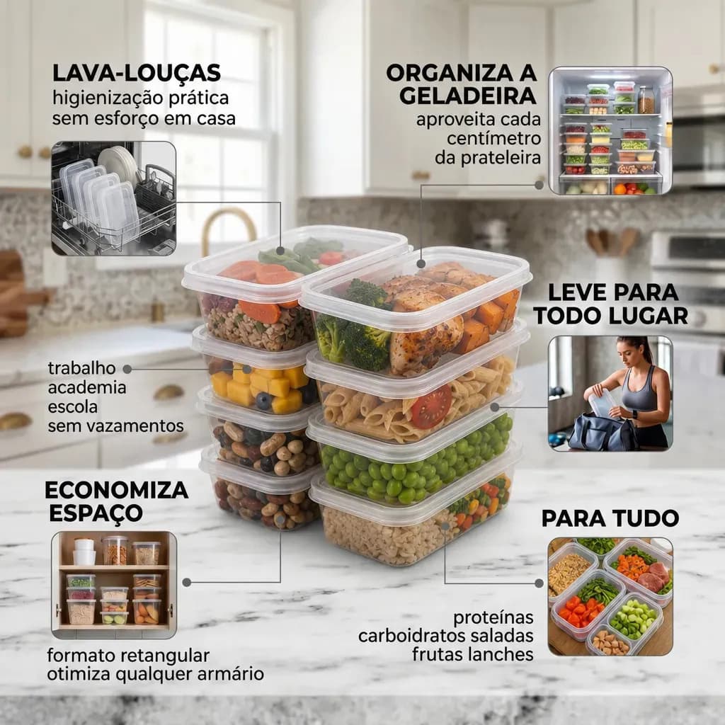 Kit 10 Potes 1 Litro Transparente Marmita Fitness Bpa Free Tampa Hermética Reutilizável Micro E Freezer Mantimentos ponte lar utilidades — imagem 3