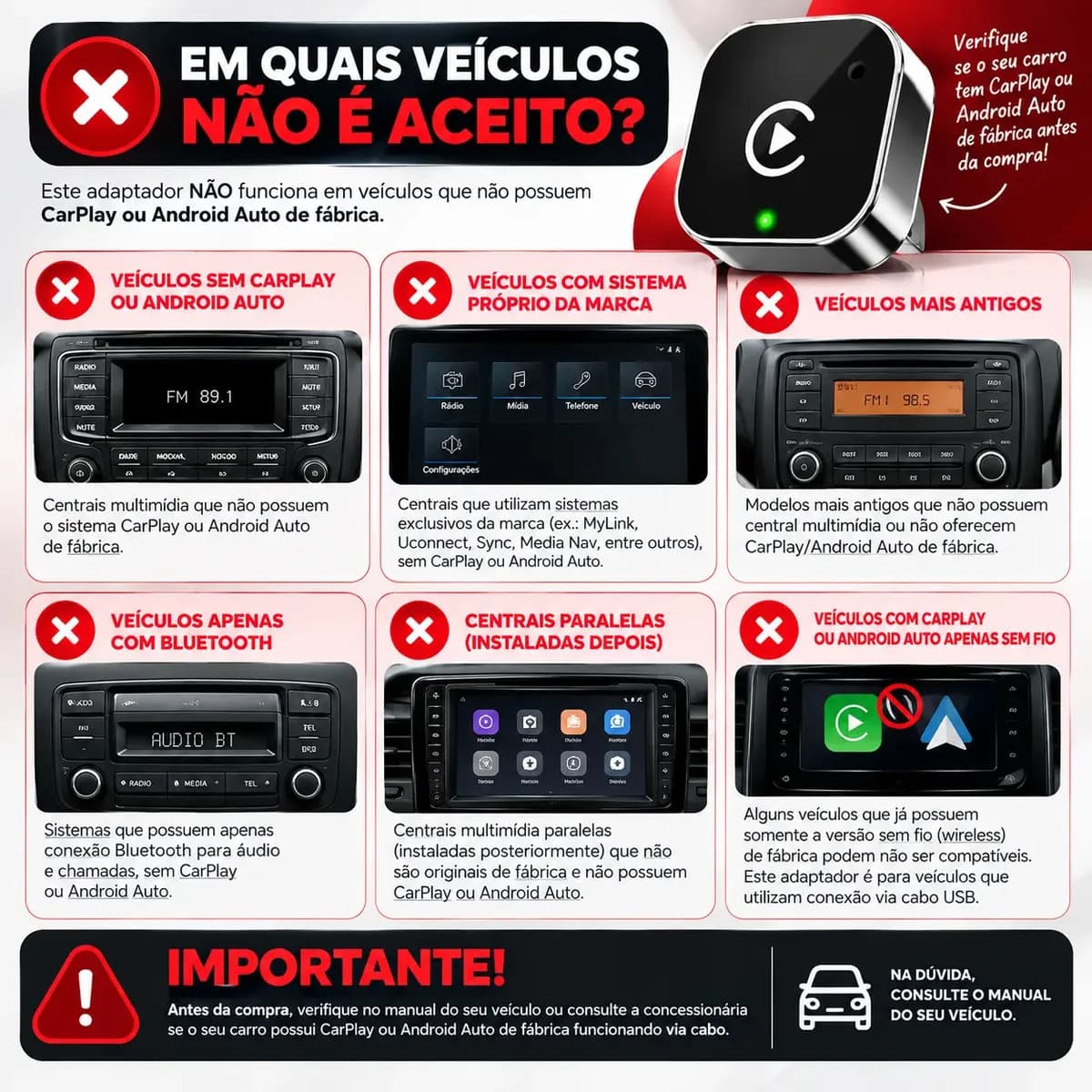 Adaptador CarPlay e Android Auto Sem Fio para Multimídia Landara 2 em 1 Com Bluetooth USB — imagem 3