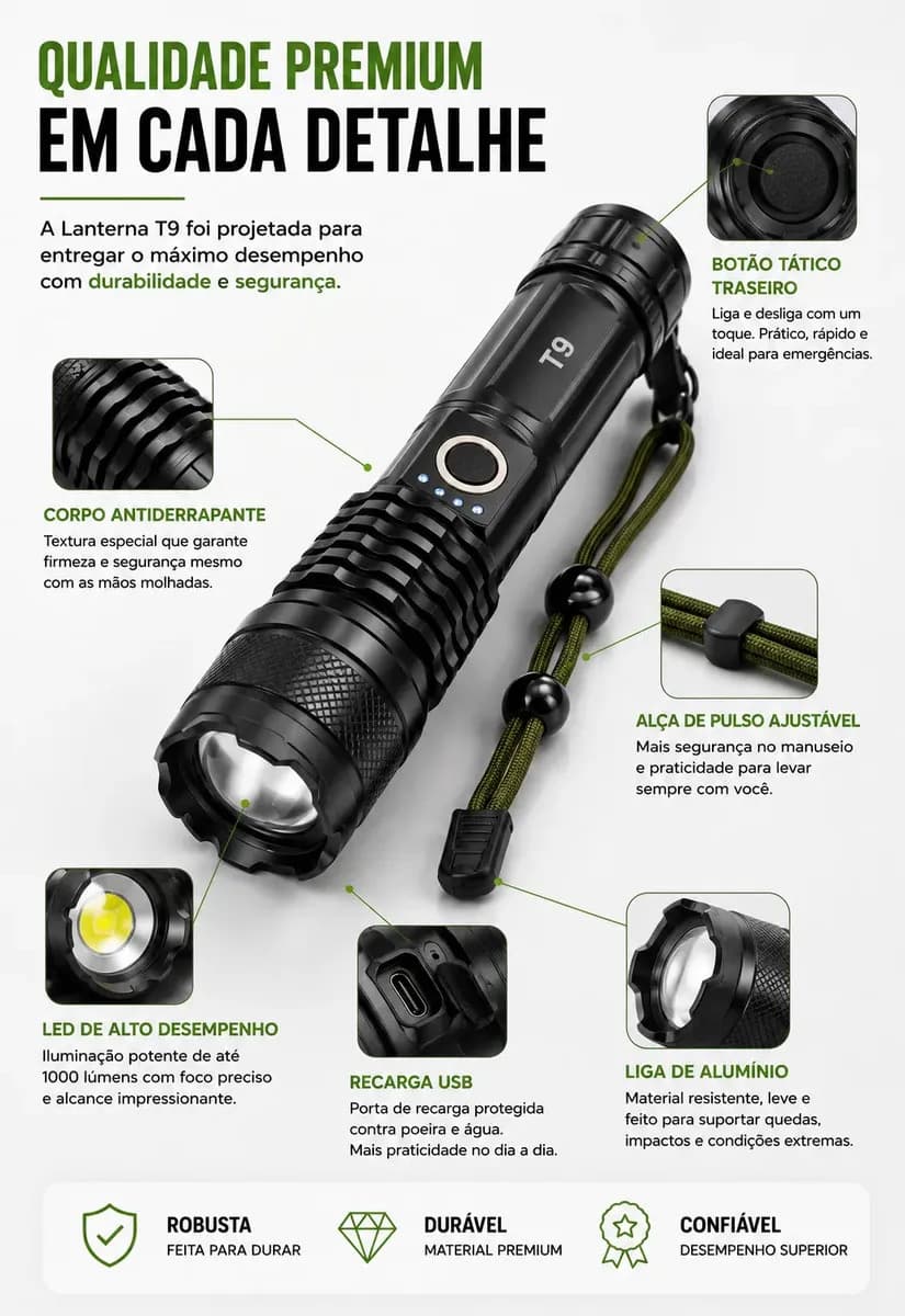 Lanterna Tática T9 Mais Forte Do Mundo Led Recarregável - Potente Profissional Militar Zoom Acampamento Pesca Caça Sobrevivência Emergência Policial Segurança P — imagem 3