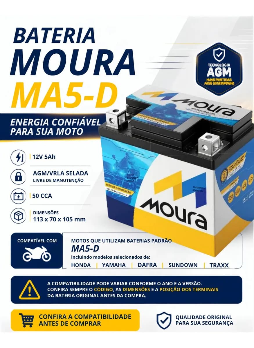 Bateria De Moto Moura 12v 5ah MA5D 12v5ah Moura Moto Titan Fan Biz Bros Fazer Xre Crf Pcx 125 150 160 190 Selada Com Caixa — imagem 4