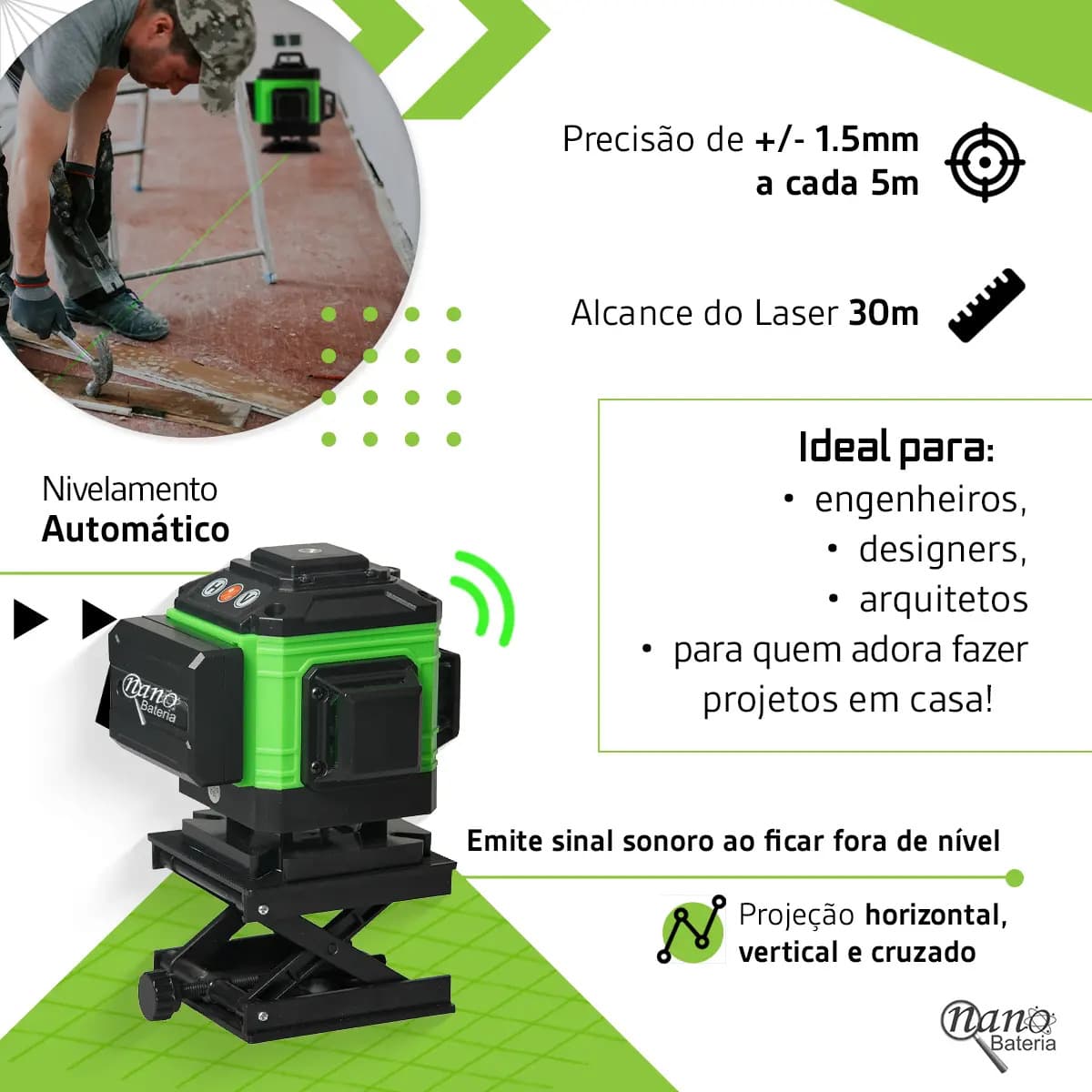 Kit Nível A Laser Verde 12 Linhas Esquadro + Suporte + Tripé Recarregavel Profissional Prumo Autonivelante Nano Bateria — imagem 2