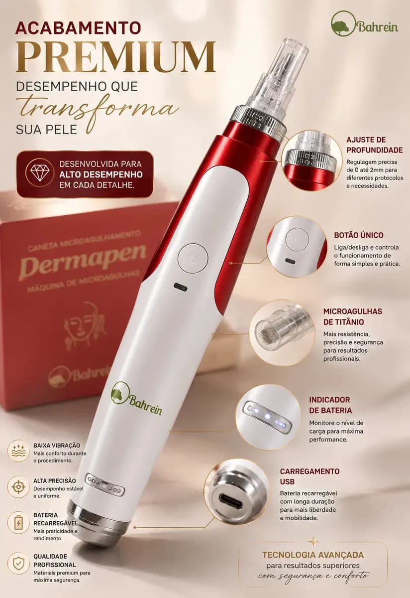 Caneta Microagulhamento Dermapen Portátil Com 5 Cartuchos E Carregador Microagulhamento Facial Derma Pen Caneta Dermapen Microagulhamento Bivolt Titânio 2.5mm P — imagem 2