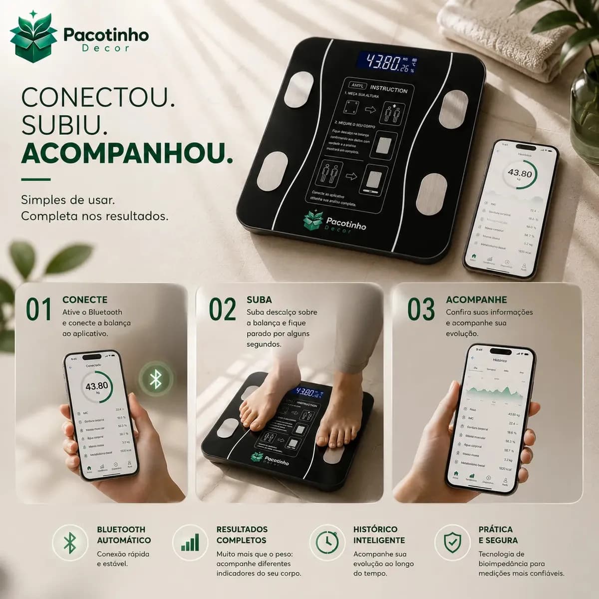 Balança Digital Smart Bioimpedância 180kg Bluetooth IMC Corporal App Android iOS Pacotinho Decor — imagem 6