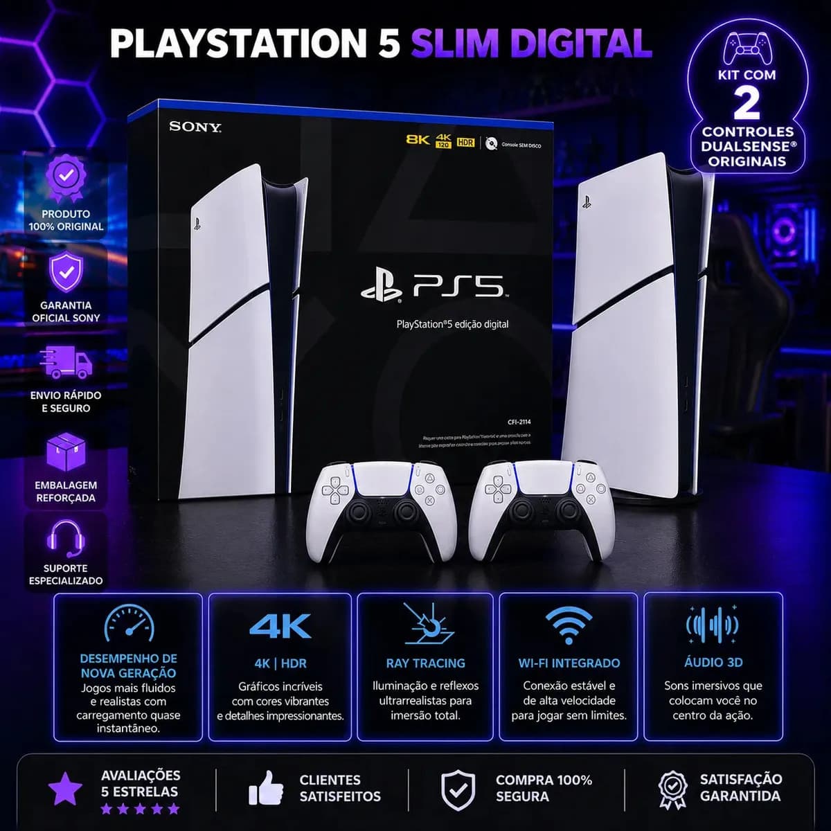 Playstation 5 Slim Digital 825gb Branco Novo Cfi-2114 2 Controles Dualsense Originais Sony Ps5 Lacrado Console Completo Ssd Ultra Rápido 4k Ray Tracing Wifi Blu