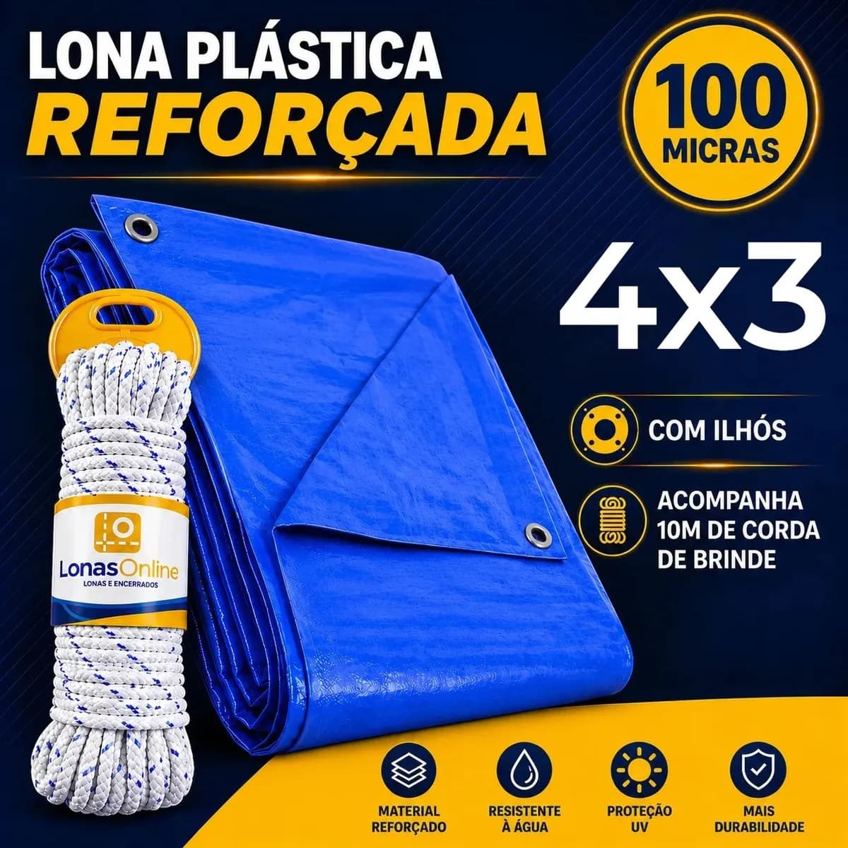 Lona Plástica Azul 4x3 Com Corda Impermeável Reforçada
