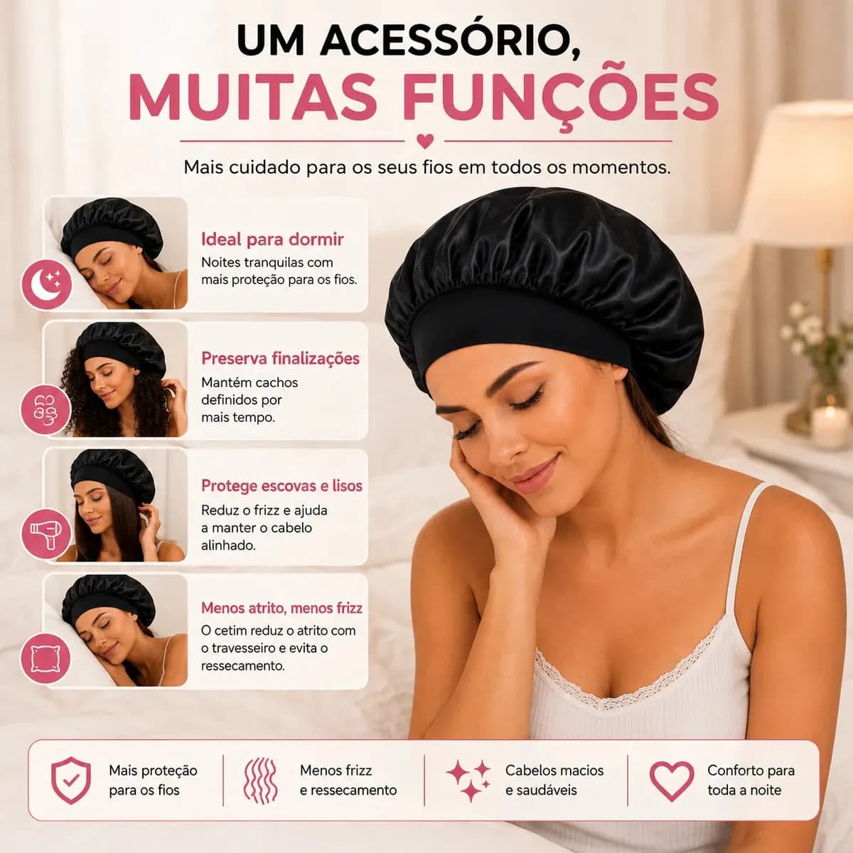 Kit 2 Toucas De Cetim Com Faixa Anti Frizz Proteção Noturna — imagem 4