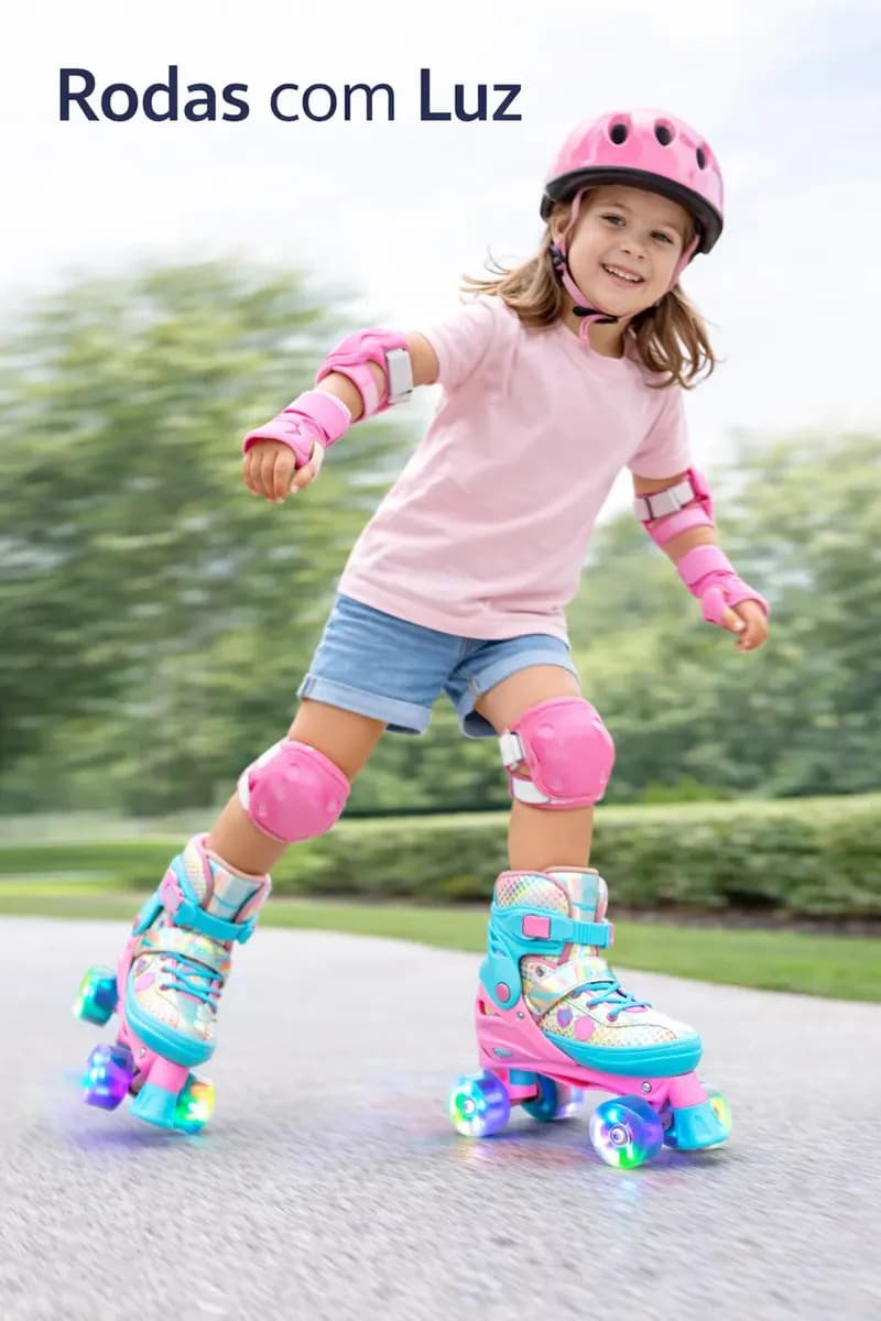 Roller Patins Infantil Rosa 4 Rodas + Kit Proteção Adulto 28-31 Ajustável Rosa/azul Celeste — imagem 3