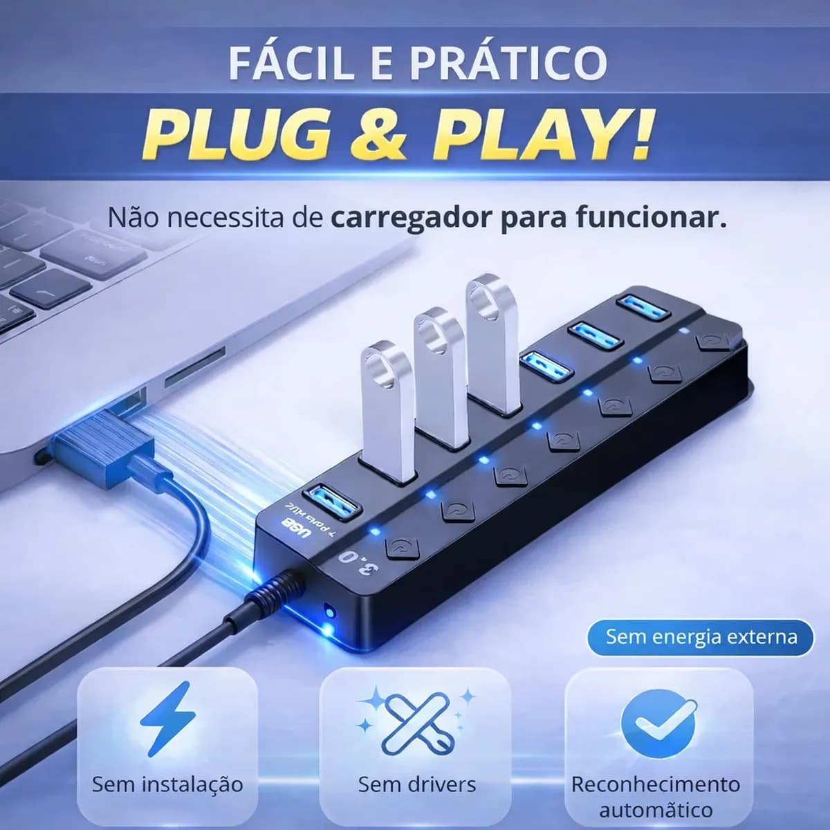 Hub Usb 3.0 7 Portas Entradas Alta Velocidade 5gbps Com Led E Botões Individuais Plug And Play Compatível Com Notebook Pc Tv Console Impressora Mouse E Teclado  — imagem 3