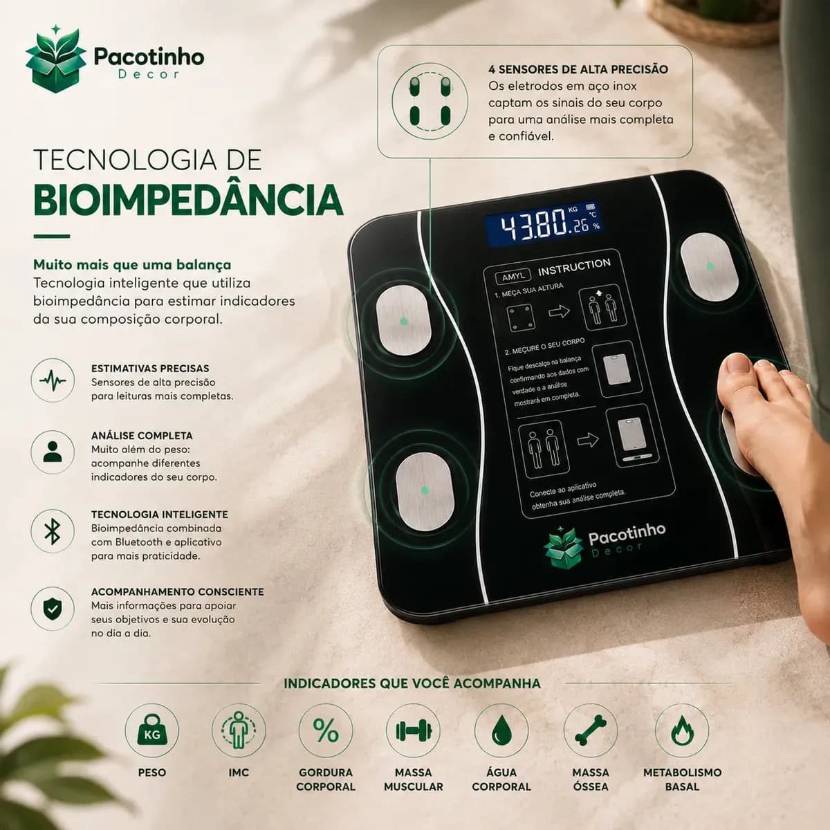 Balança Digital Smart Bioimpedância 180kg Bluetooth IMC Corporal App Android iOS Pacotinho Decor — imagem 4