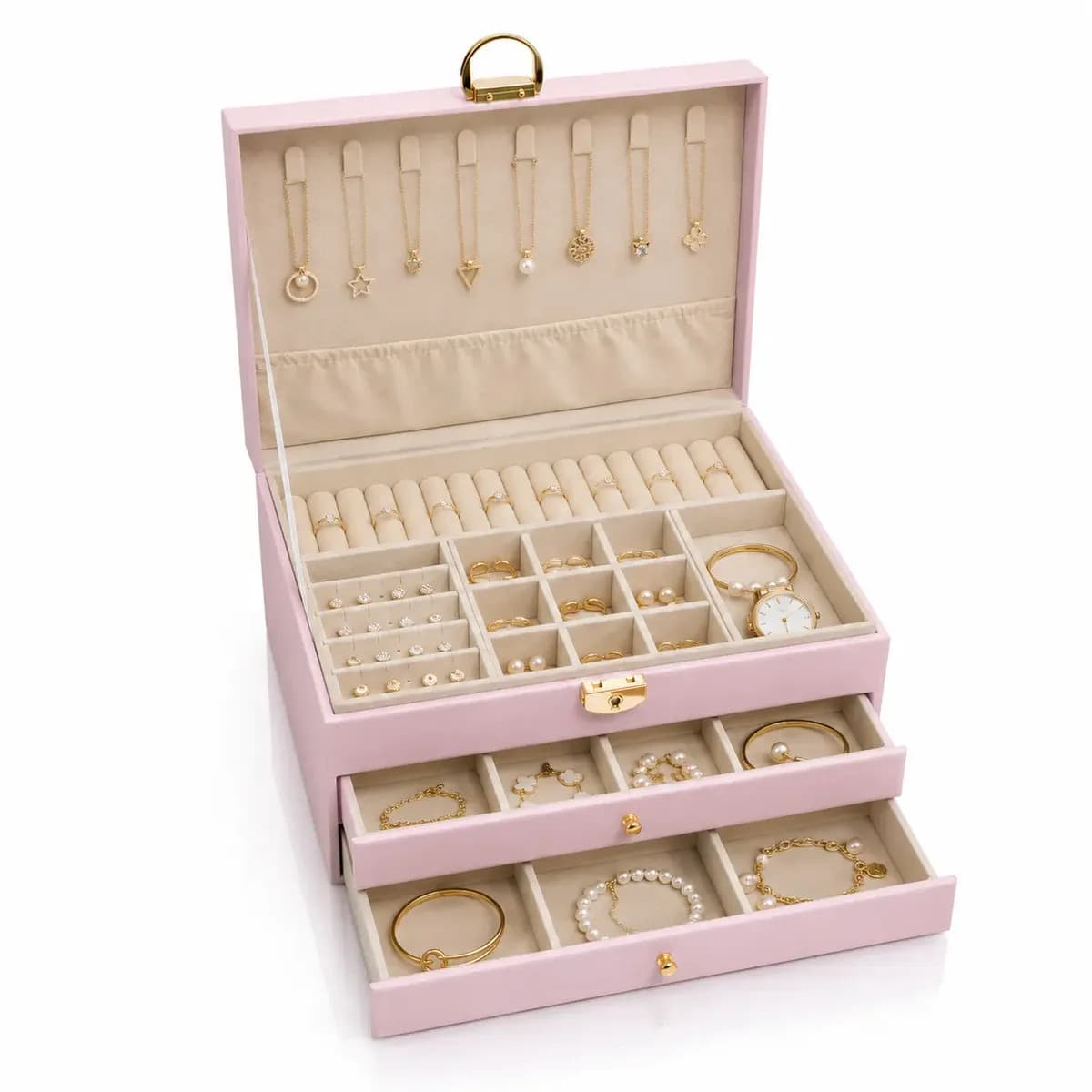 Porta Joias Luxo 3 Andares Com Chave Organizador maleta Anéis Brincos Colares Pulseiras Eps-8240 Cor Rosa — imagem 2