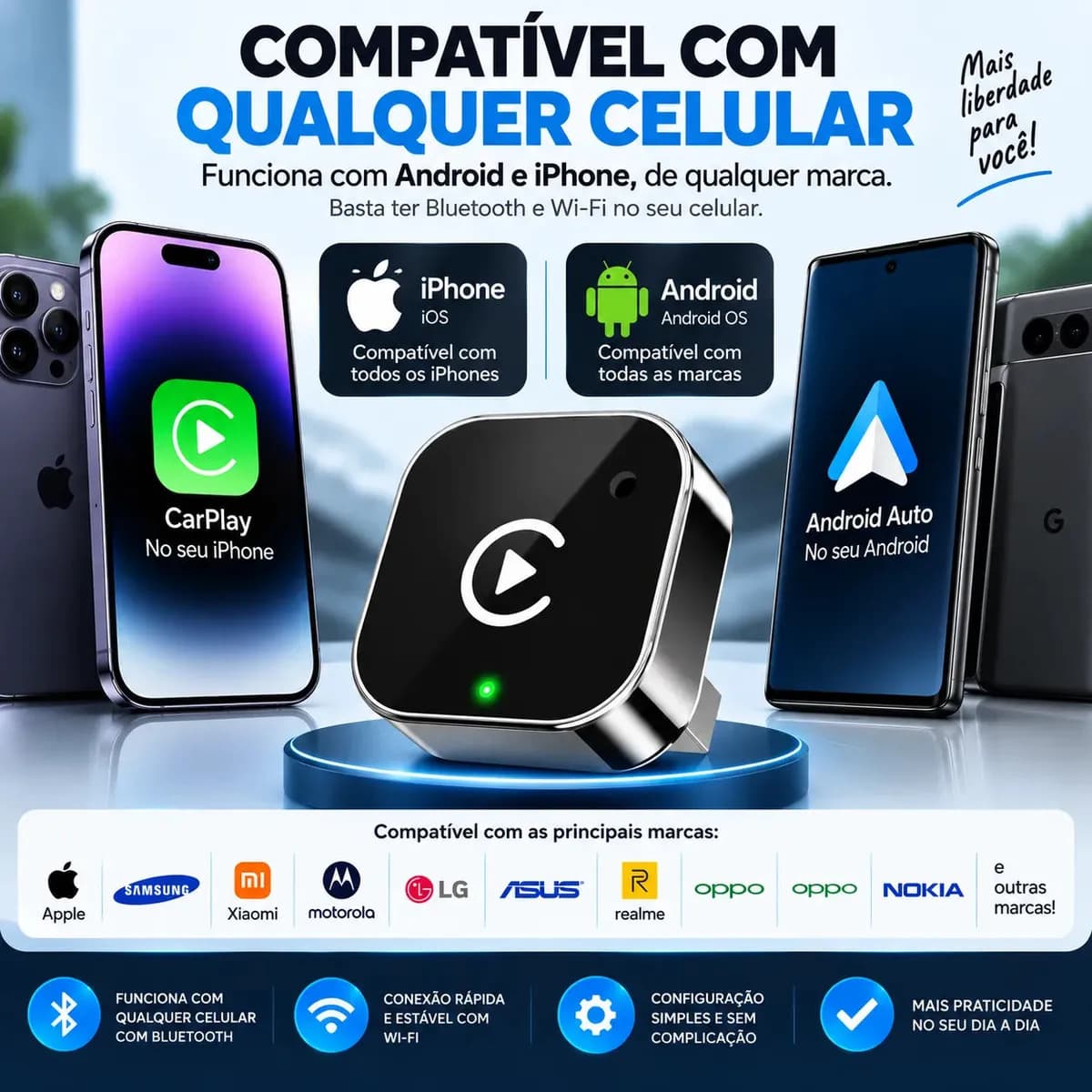 Adaptador CarPlay e Android Auto Sem Fio para Multimídia Landara 2 em 1 Com Bluetooth USB — imagem 6