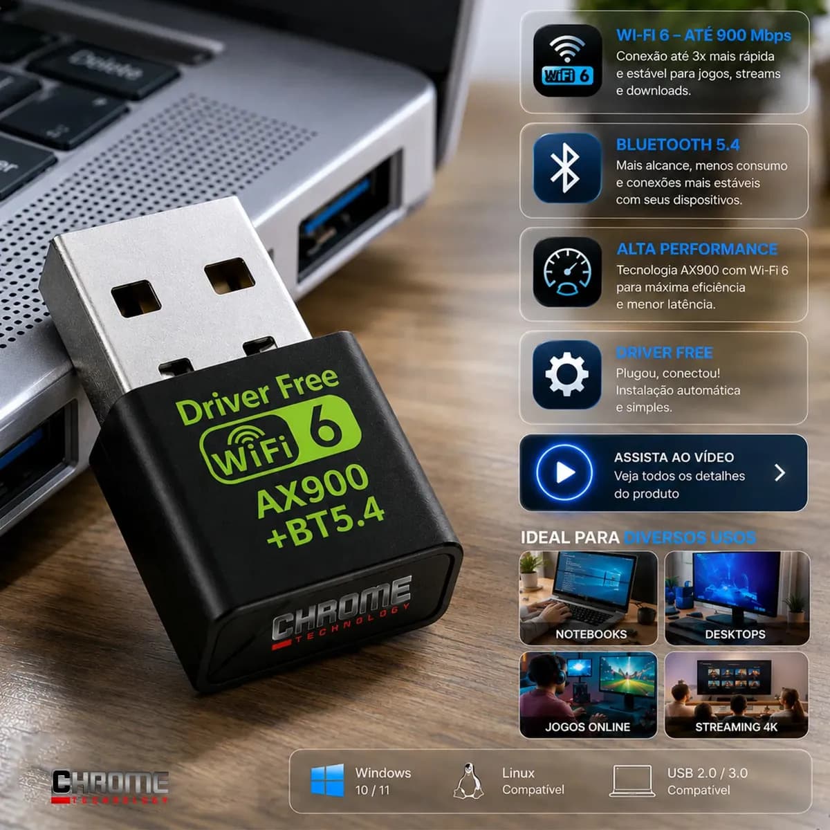 Adaptador Usb Wifi 6 Bluetooth 5.4 Alta Velocidade Placa Wi-fi Blueetoth Adaptador Wi-fi Pc Placa Wifi Pc notebook etc Adaptado Wireless Sem Fio Receptor Intern