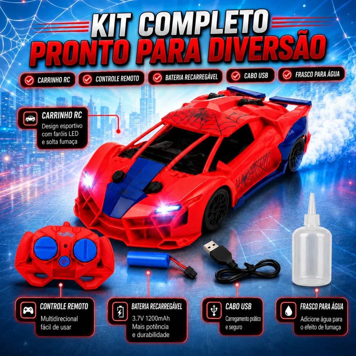 Carrinho de Controle Remoto Homem Aranha c/ Fumaça e Luzes Brinquedo Divertido Presente Dia Crianças Flow Dimension — imagem 4