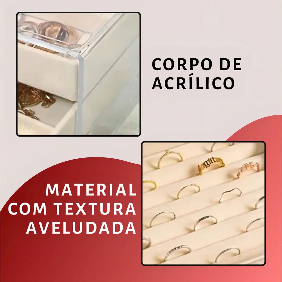 Organizador de Joias Acrílico 3 Gavetas 10 Compartimentos Bege FM FARMEL — imagem 4