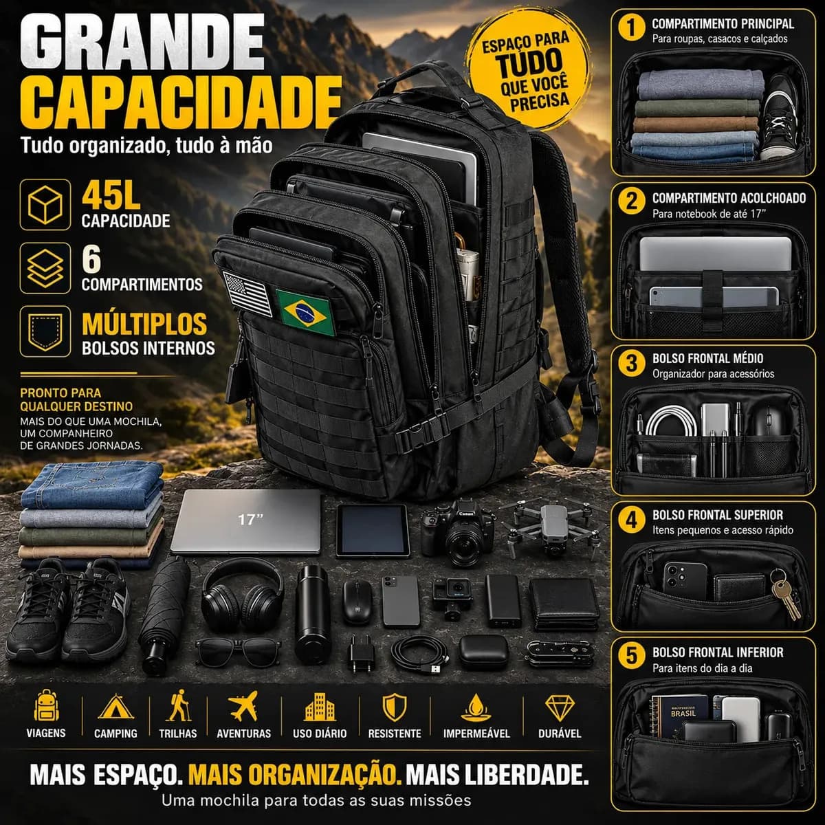 Mochila Tática Masculina Militar 50L Impermeável Reforçada Grande Molle Viagem Camping Trilha Airsoft Pesca Caça Forpak — imagem 3