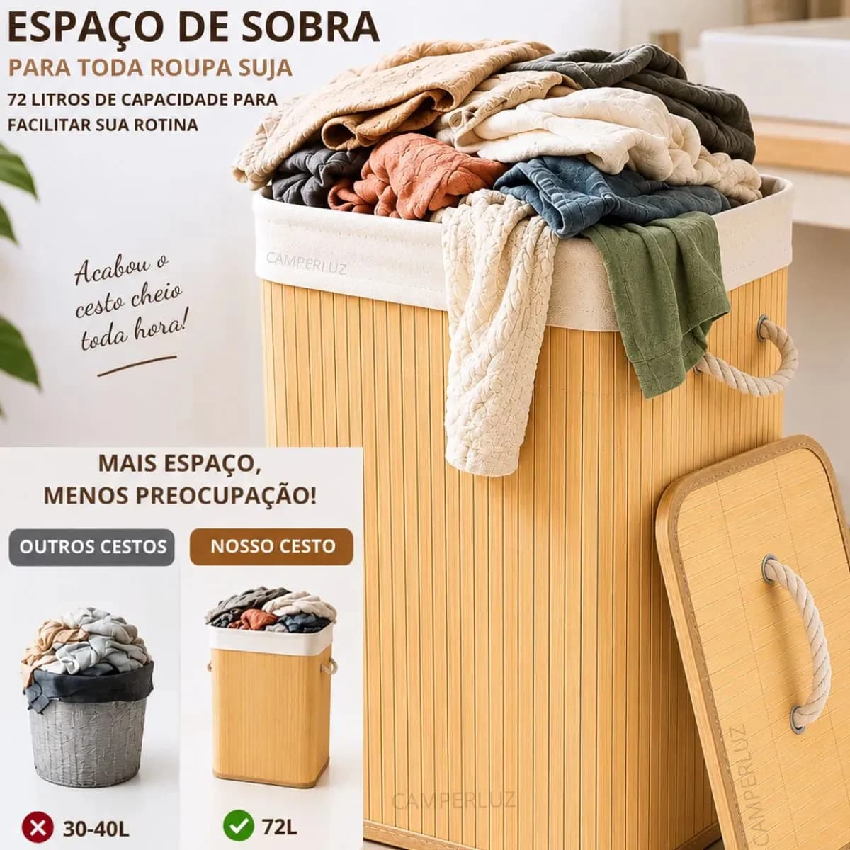 Cesto Organizador De Roupa Bambu Dobrável Retangular Com Tampa Forro e Alças 72 Litros Grande Capacidade Reforçado Caixa Organizadora para Brinquedos - Marca Ma — imagem 3