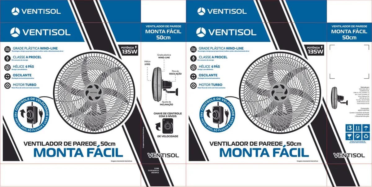 Ventilador Parede 50cm 6Pás Monta Fácil Preto Ventisol — imagem 3