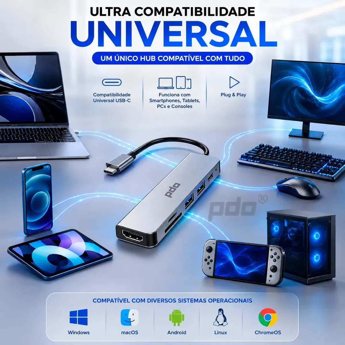 Hub USB-C 6 em 1 PDO com HDMI 4K e 3 Portas USB para Notebook, MacBook e iPad — imagem 3
