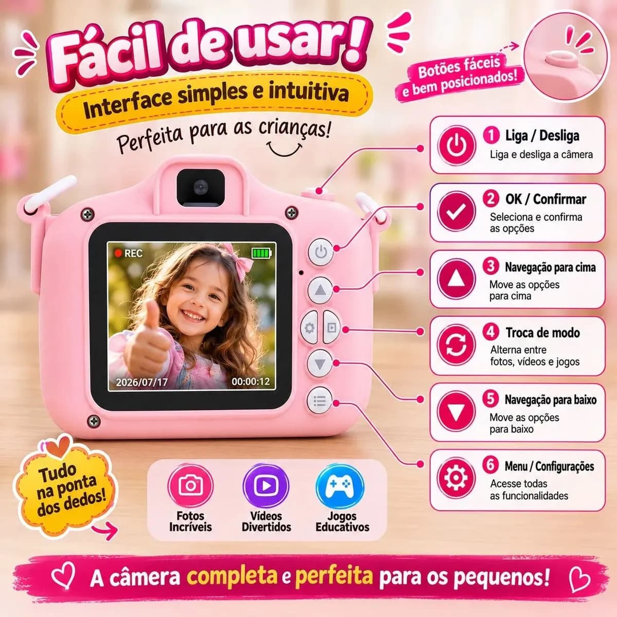 Camera Digital Infantil Gato Fotos Jogos Com Anti Queda Alça Marca Lavins — imagem 4