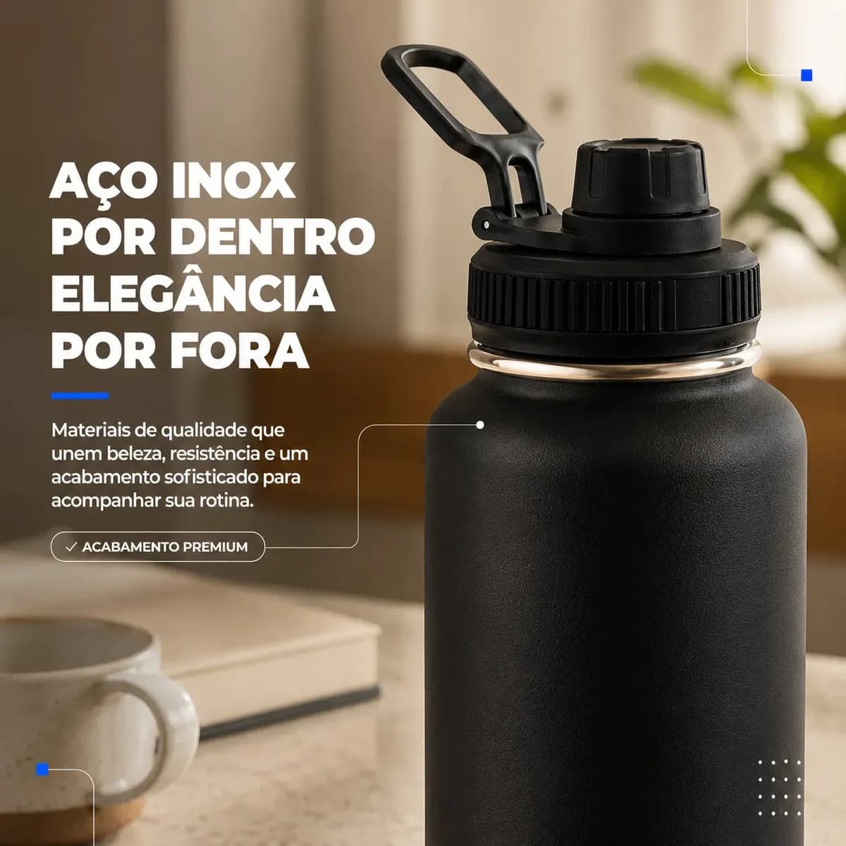 1000ml Garrafa Térmica Isolada A Vácuo Squeeze Aço Inox 304 para Água Gelada Esporte Academia com Alça e Bico Preto Sólar — imagem 3