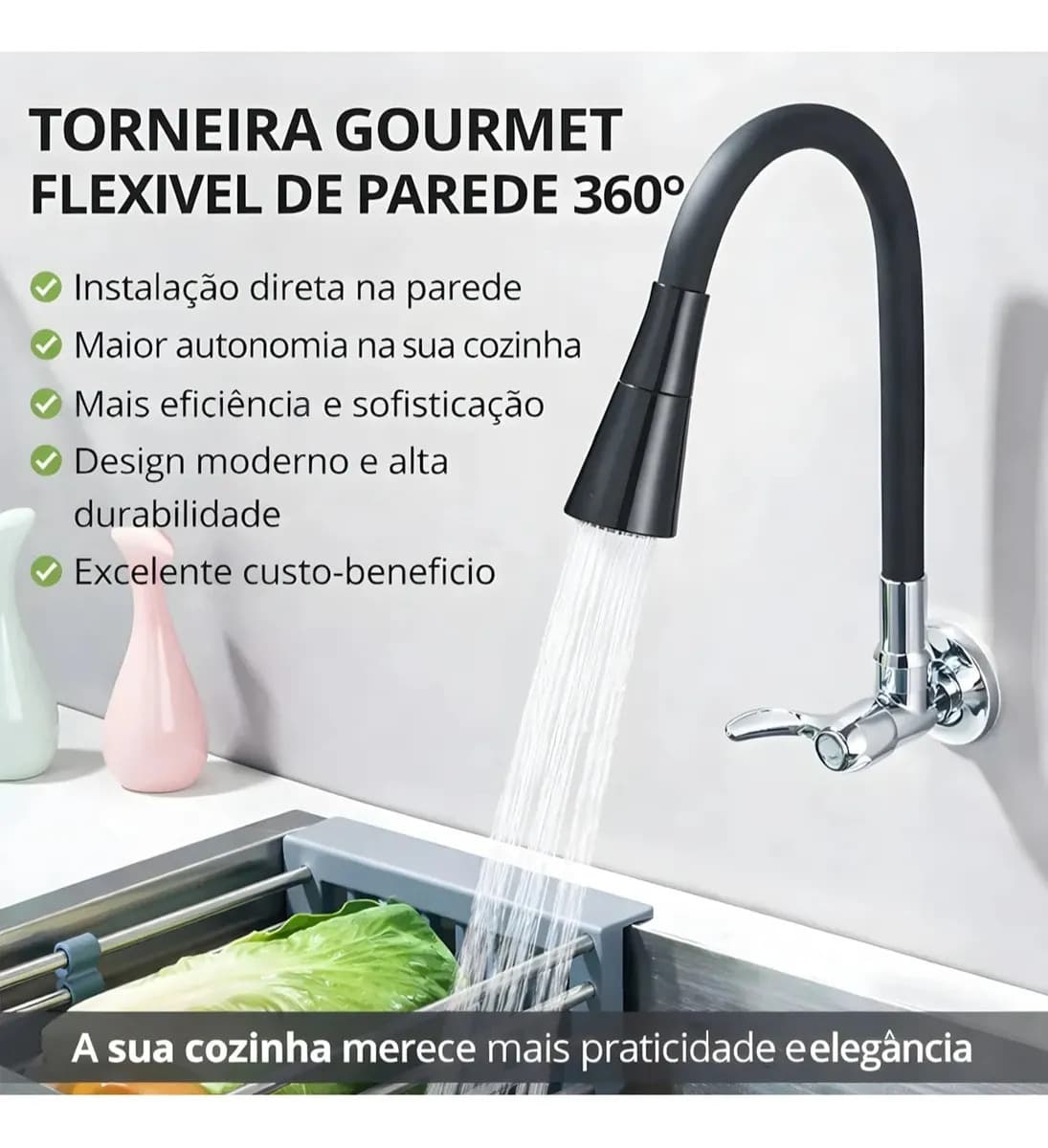 Torneira Gourmet Para Cozinha 2 Jatos Bica Móvel Parede Preta Flexível Jato Cone — imagem 5