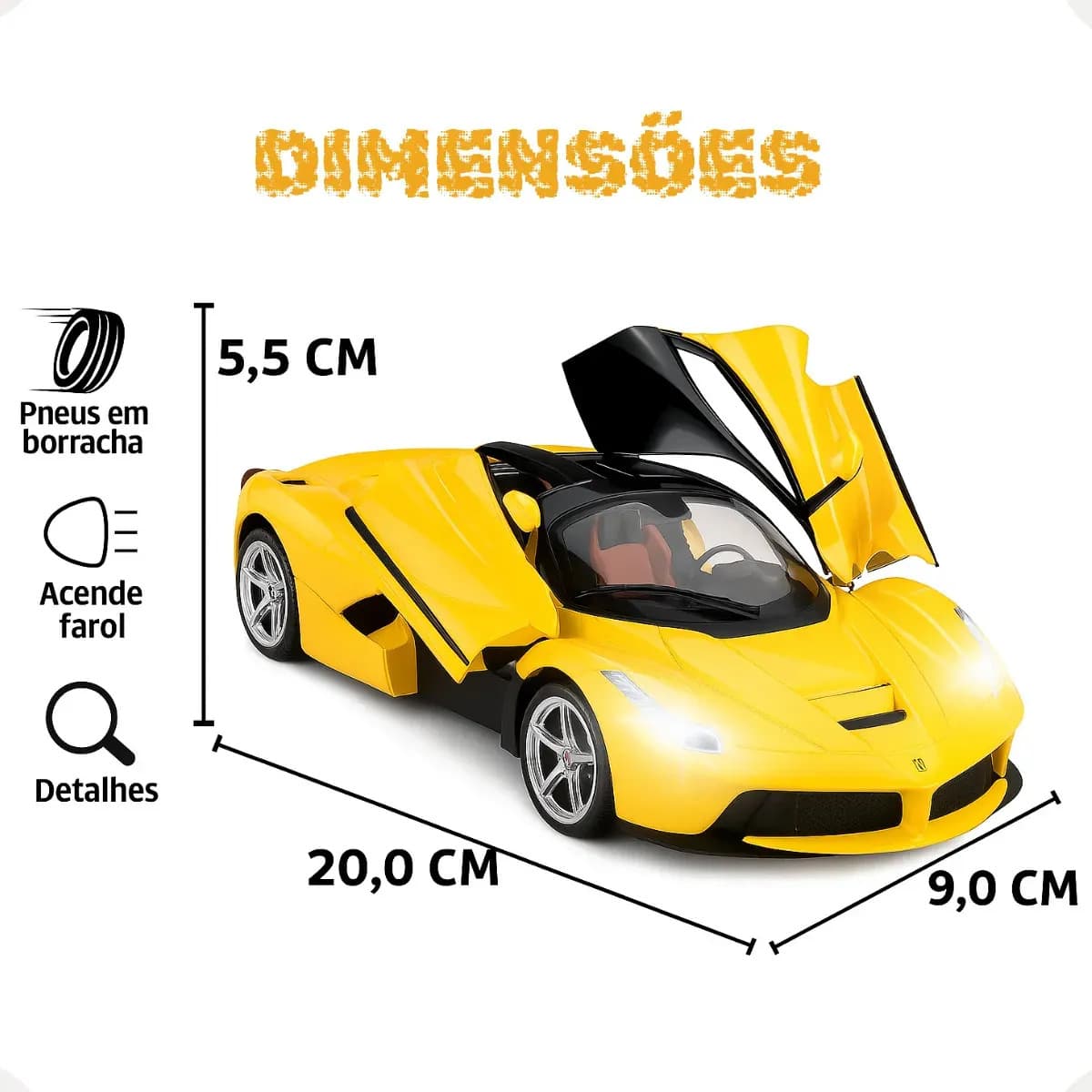 Brinquedo de Menino Carro Ferrari Carrinho Premium de Controle Remoto Amarelo Abre Portas Acende Farol Thevisionaries — imagem 5
