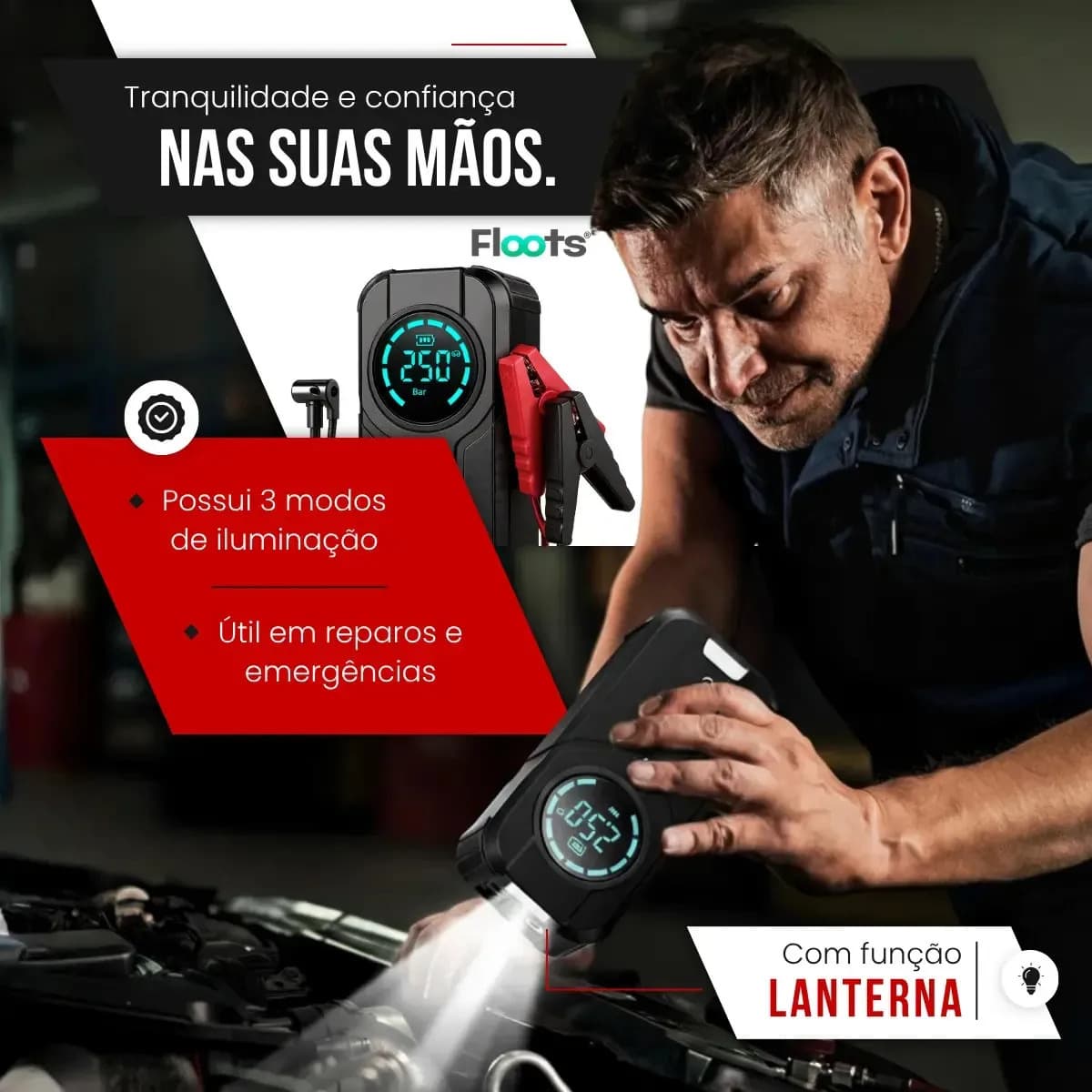 Auxiliar de Partida Carregador Bateria Com Compressor de Ar Emergência Portátil Veicular Floots Automotivo — imagem 4