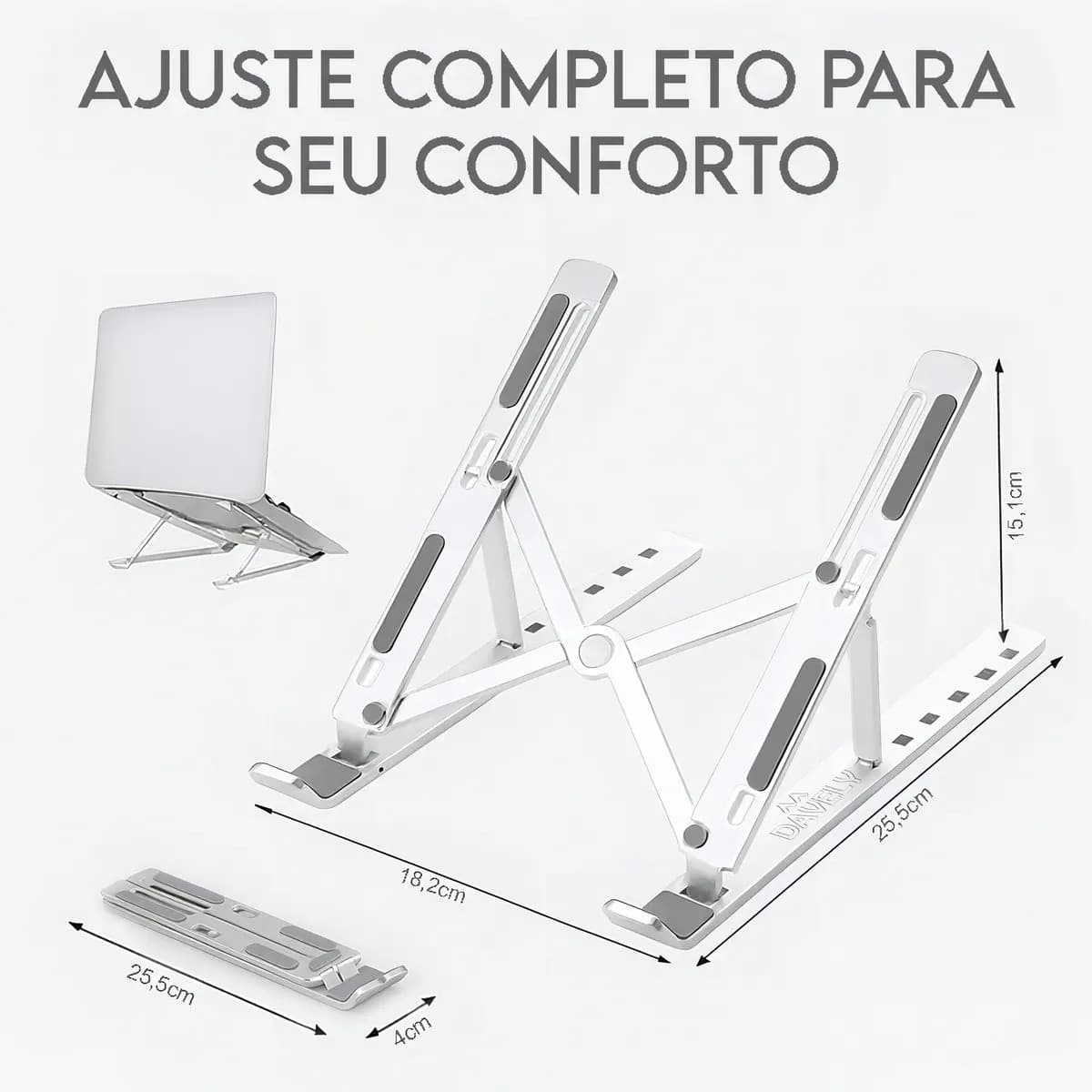 Suporte Para Notebook e Macbook de Alumínio Dobrável Prateado Ajuste de Altura e Inclinação Confortáve Base Antiderrapante Portátil Articulado Reforçado Ergonom — imagem 5