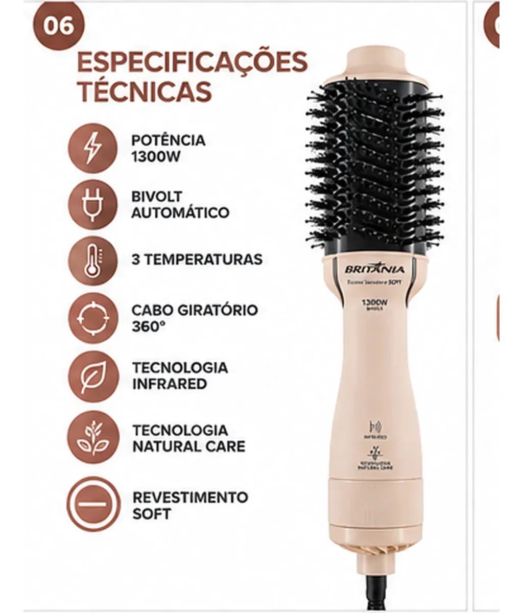 Escova Secadora 4 Em 1 Britânia Bec07r Cerâmica 1300w Bivolt Rosa — imagem 6