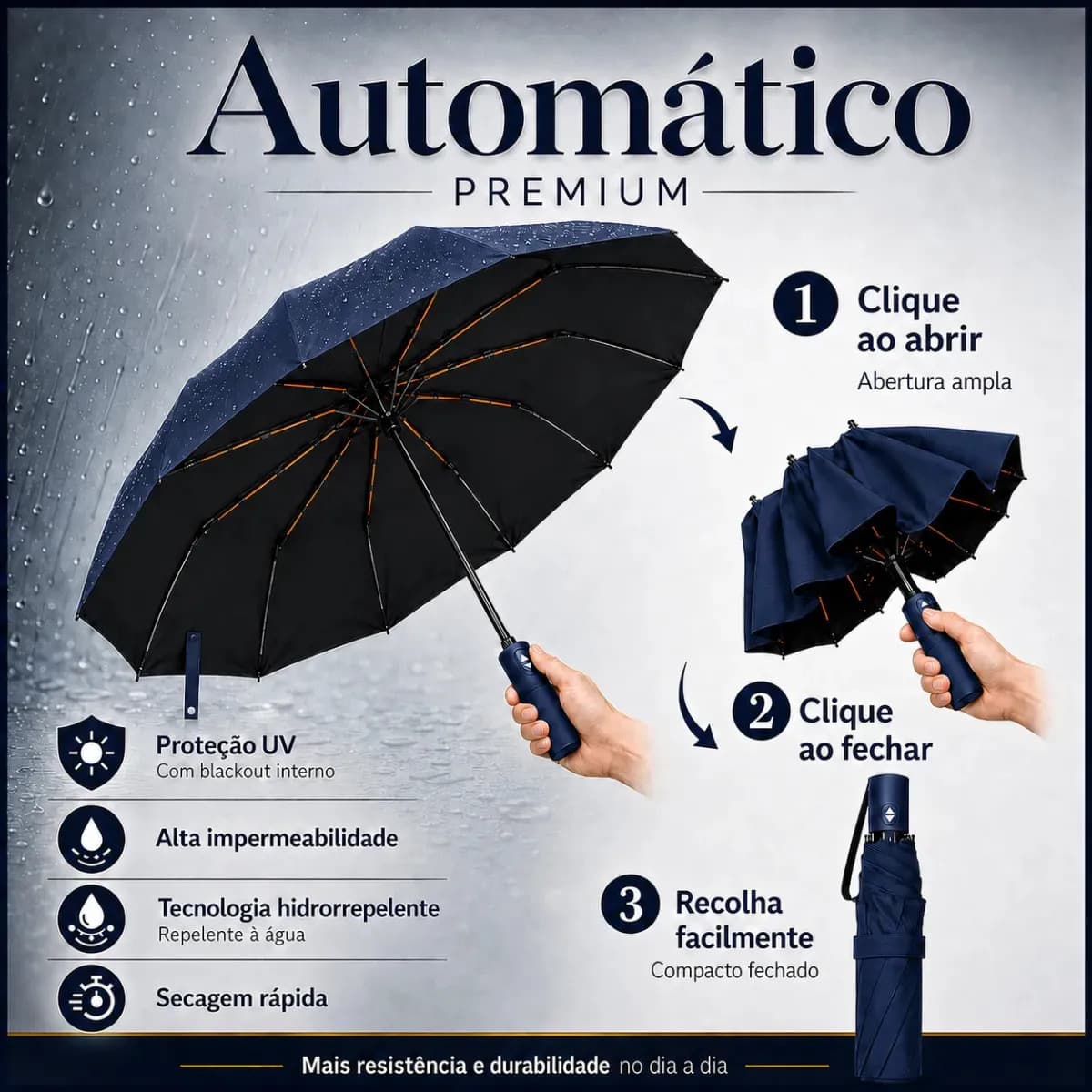 Guarda Chuva Abre E Fecha Automático Reforçado Contra Vento Proteção Uv Azul — imagem 4