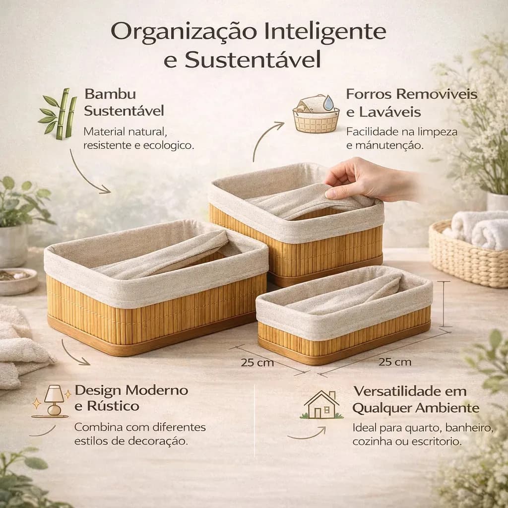 Kit 3 Cestos Organizadores de Bambu Retangulares com Forro Lavável Multiuso Organizar Casa Banheiro Cozinha Guarda-Roupa Lavanderia Armazenamento de Objetos - N — imagem 5