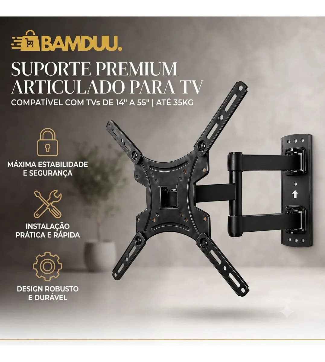 Suporte Tv Tri-articulado Universal Monitor Braço Longo Reforçado Regulável E Inclinável Lcd Led Plasmas 14 A 55 Polegadas Cor Preto Bamduu — imagem 2