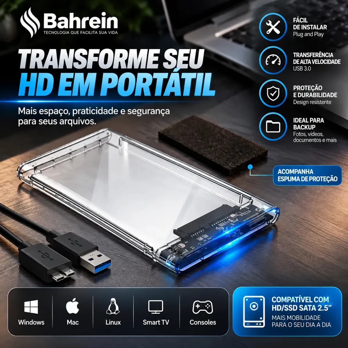 Case Para HD Externo USB 3.0 Para HD/SSD SATA 2,5" Adaptador Gaveta Portátil Alta Velocidade Para Notebook PCs Consoles Transparente — imagem 5
