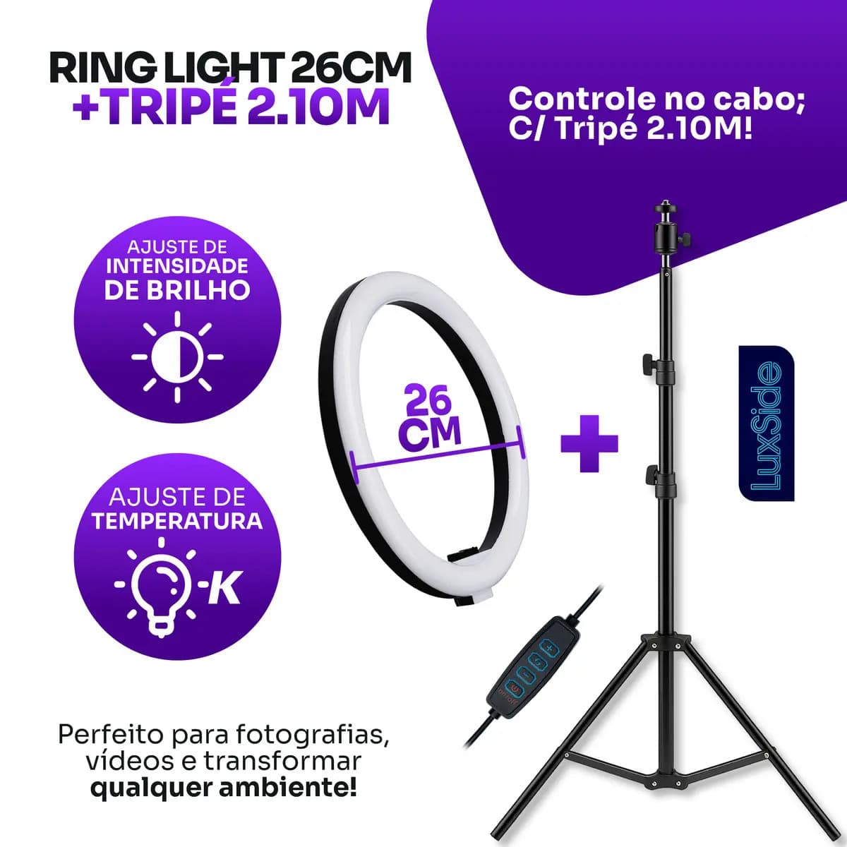 Ring Light 10 Polegadas Com Tripé 2,10m Profissional Video Maker Suporte Celular E Led 3 Cores Iluminação Maquiagem E Gravações Luxside — imagem 3
