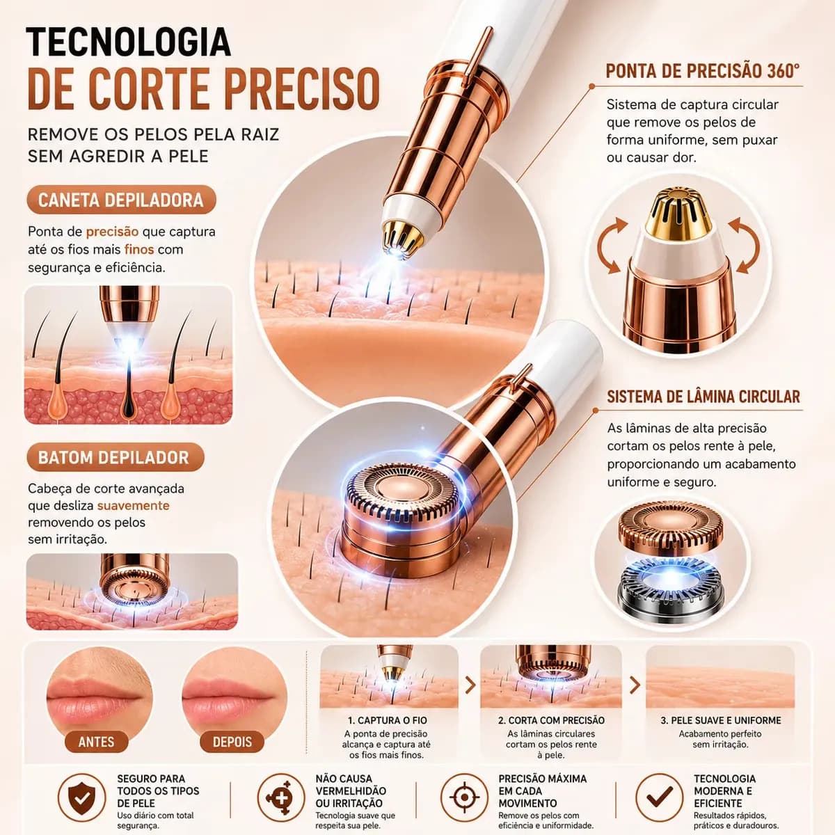 Kit Caneta Depiladora Sobrancelha + Batom Depilador Buço Recarregável Profissional Designer Facial Campus Ecom — imagem 3
