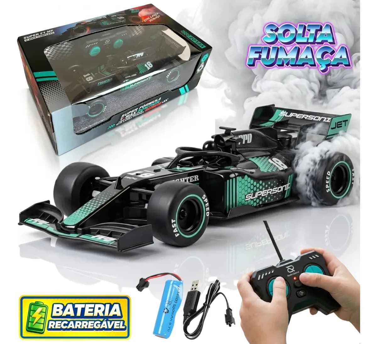 Carrinho de Formula 1 com Controle Remoto Atacarejo Kids Preto Verde Carrinho de Corrida Brinquedo para Menino