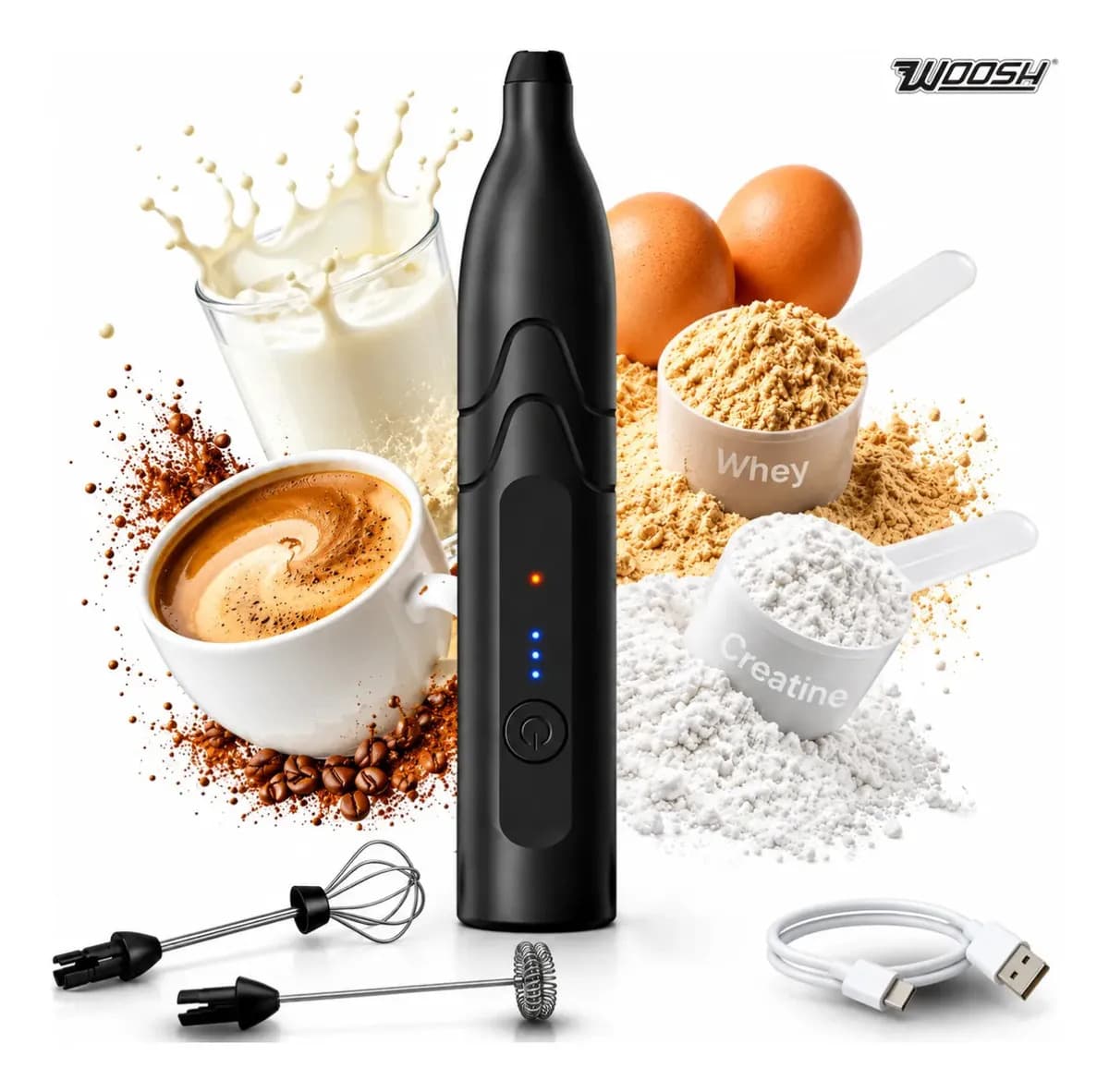 Mixer Elétrico Portátil 2 em 1 Recarregável Potente Misturador de Bebidas e Ovos 3 Velocidades Usb Batedor e Fue Fouet Woosh