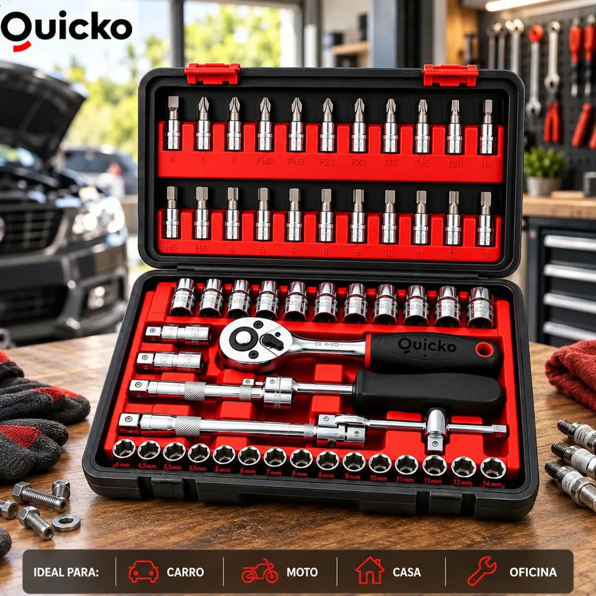 Kit Ferramentas 46 Peças Jogo Chaves Catraca Soquetes Allen Torx Fenda Phillips Maleta Completa Manual Mecânico Manutenção Casa Carro Oficina Profissional ajust