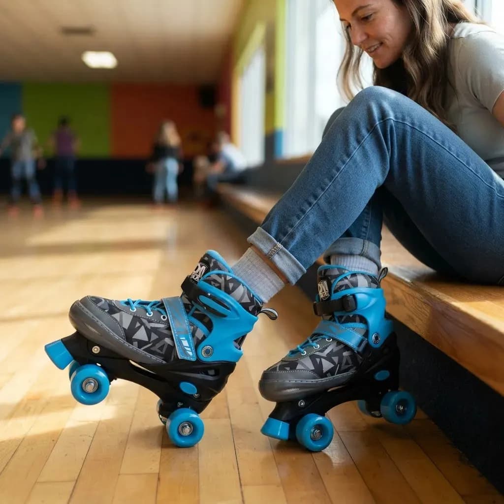 Patins 4 Rodas Infantil Ajustável cor azul com proteção DM Toys