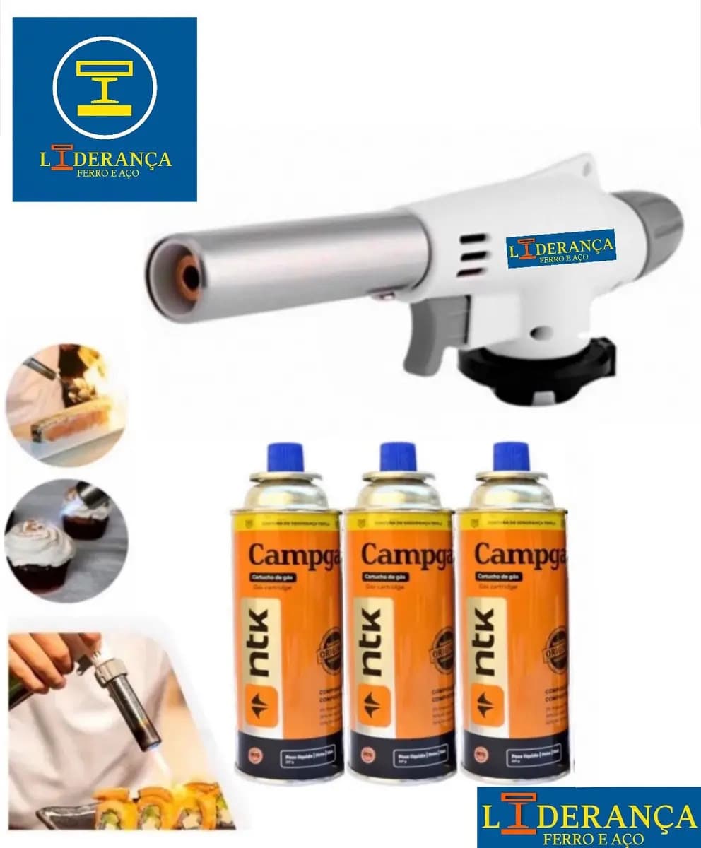 Maçarico Profissional Universal Multiuso Gourmet Portátil Com Regulagem De Chamas Kit Completo Com 3 Refil Para Chef De Cozinha Confeiteiro Flambar Solda Marca