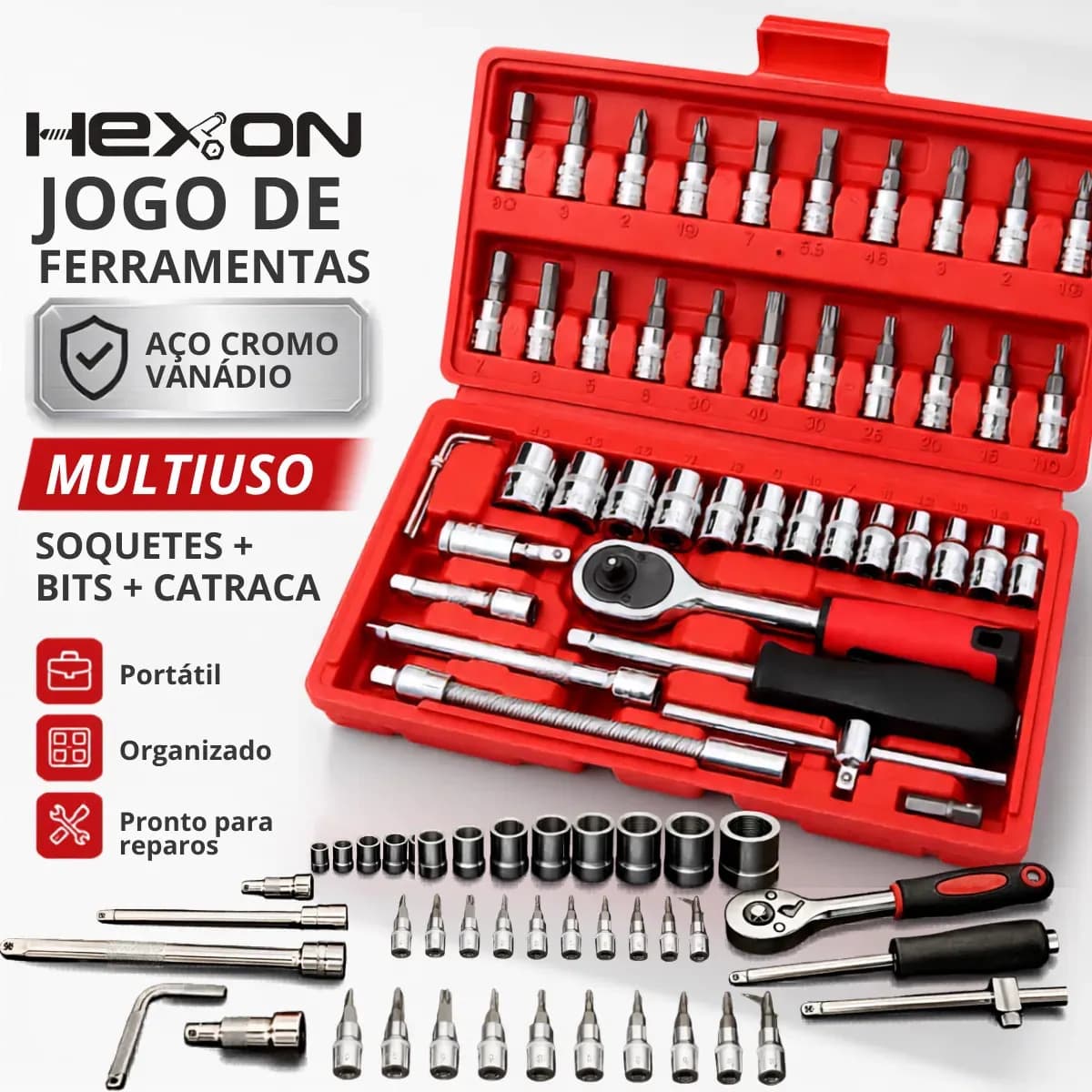 Kit Ferramentas 46 Peças Com Soquetes e Chaves Para Carro e Casa Vermelho Hexon